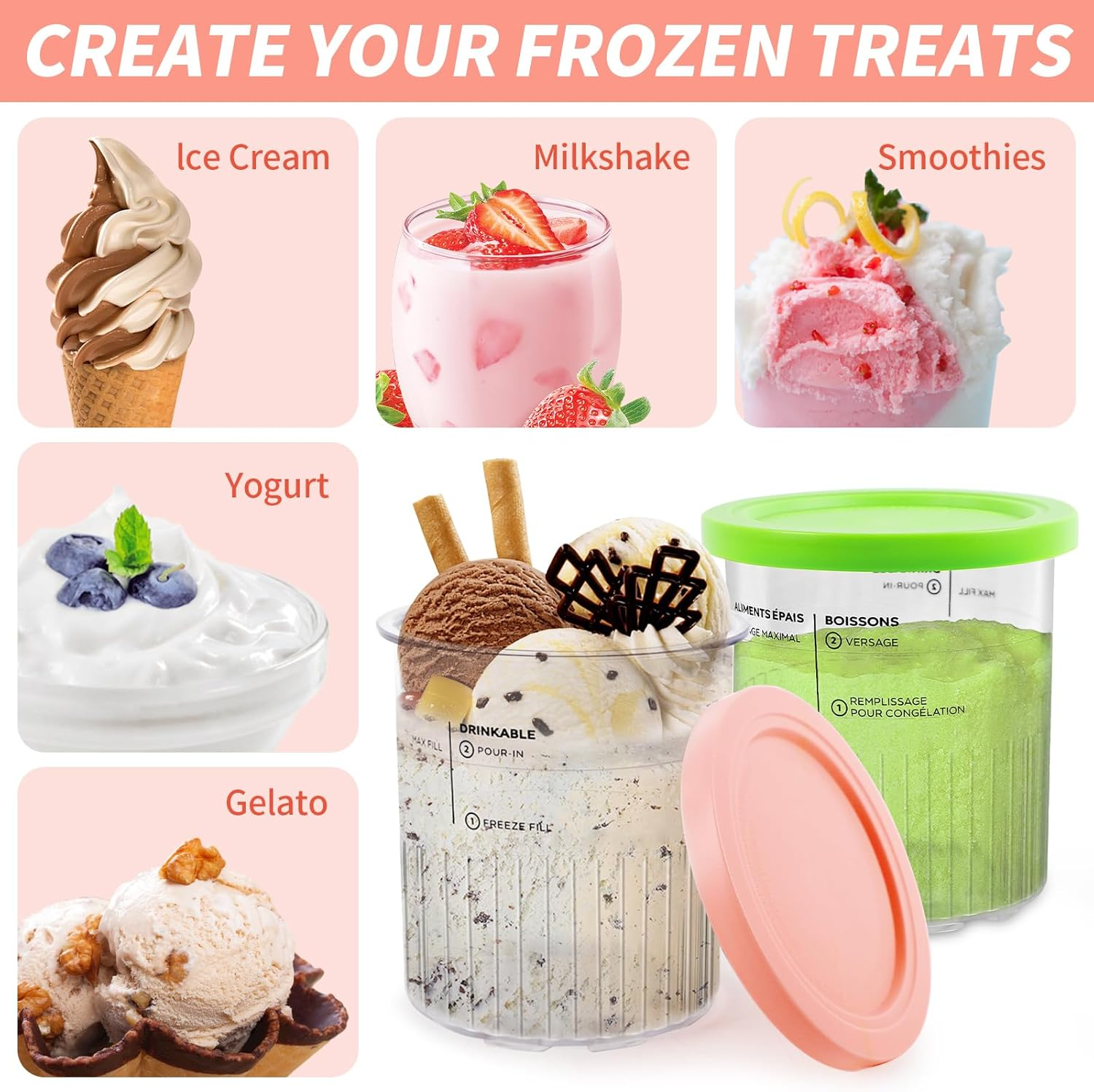 4 Pack Ninja Creami Containers, Ninja Creami Deluxe Compatible with NC299 NC300 NC301 Series Creami Maker Machine Accessories, Food Grade, Leak Proof, Assorted Colors