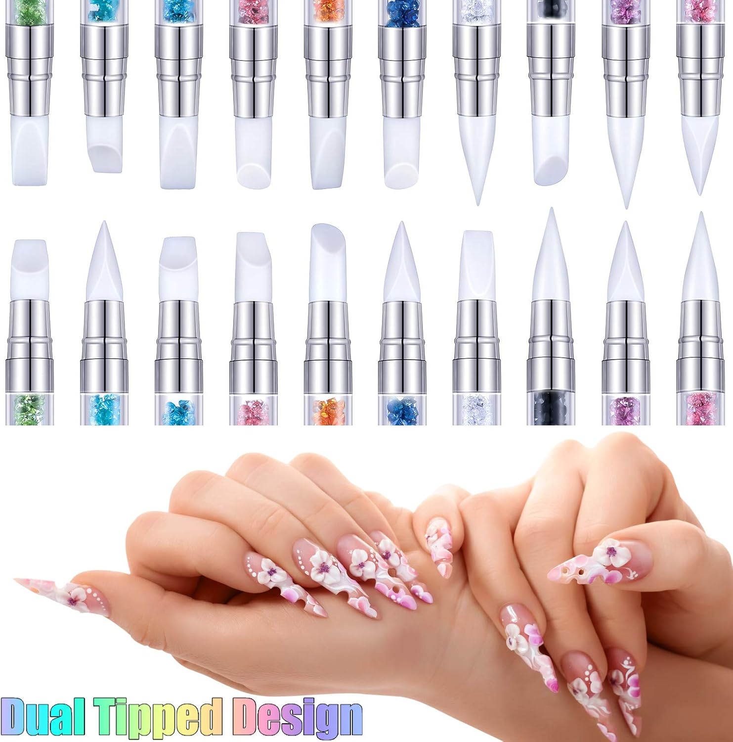 Maitys 10 Pieces Dual Tipped Silicone Nail Tools Nail Sculpture Pen Brushes Rhinestone Nail Polish Acrylic Carving Pen Silicone Head Manicure DIY Brush Dotting Tools Kit for Home Salon