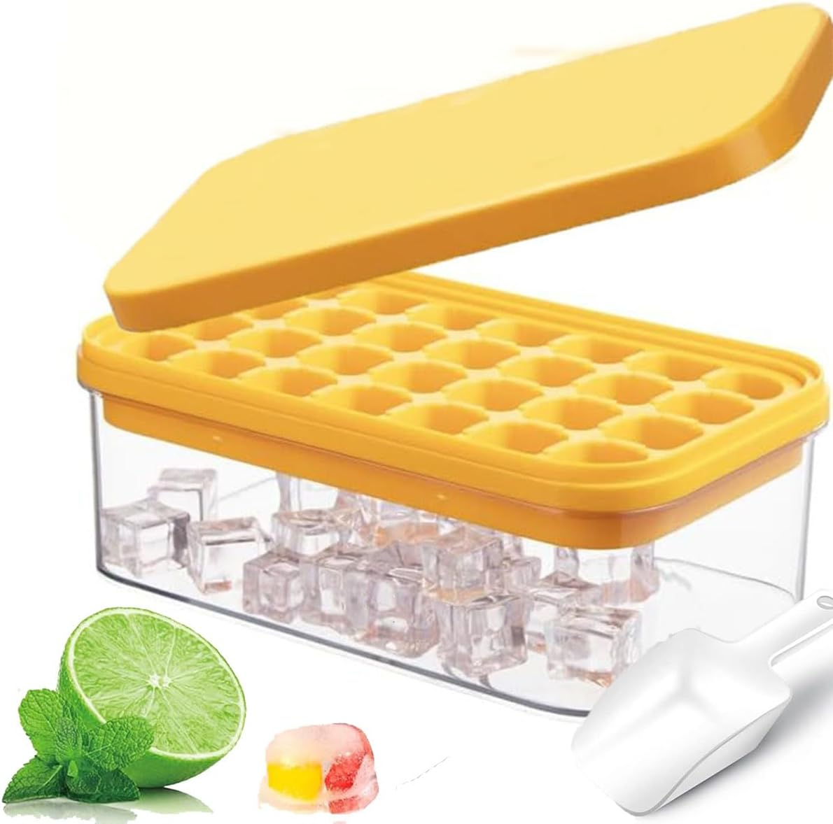 Ice Cube Tray with Lid and Bin, 28 Pcs Ice Trays for Freezer, Food Grade Plastic Ice Cube Mold, Easy Release & Stackable Ice Contrainer with Ice Scoop, for Drinks, Cocktail and Food Fresh (Yellow)