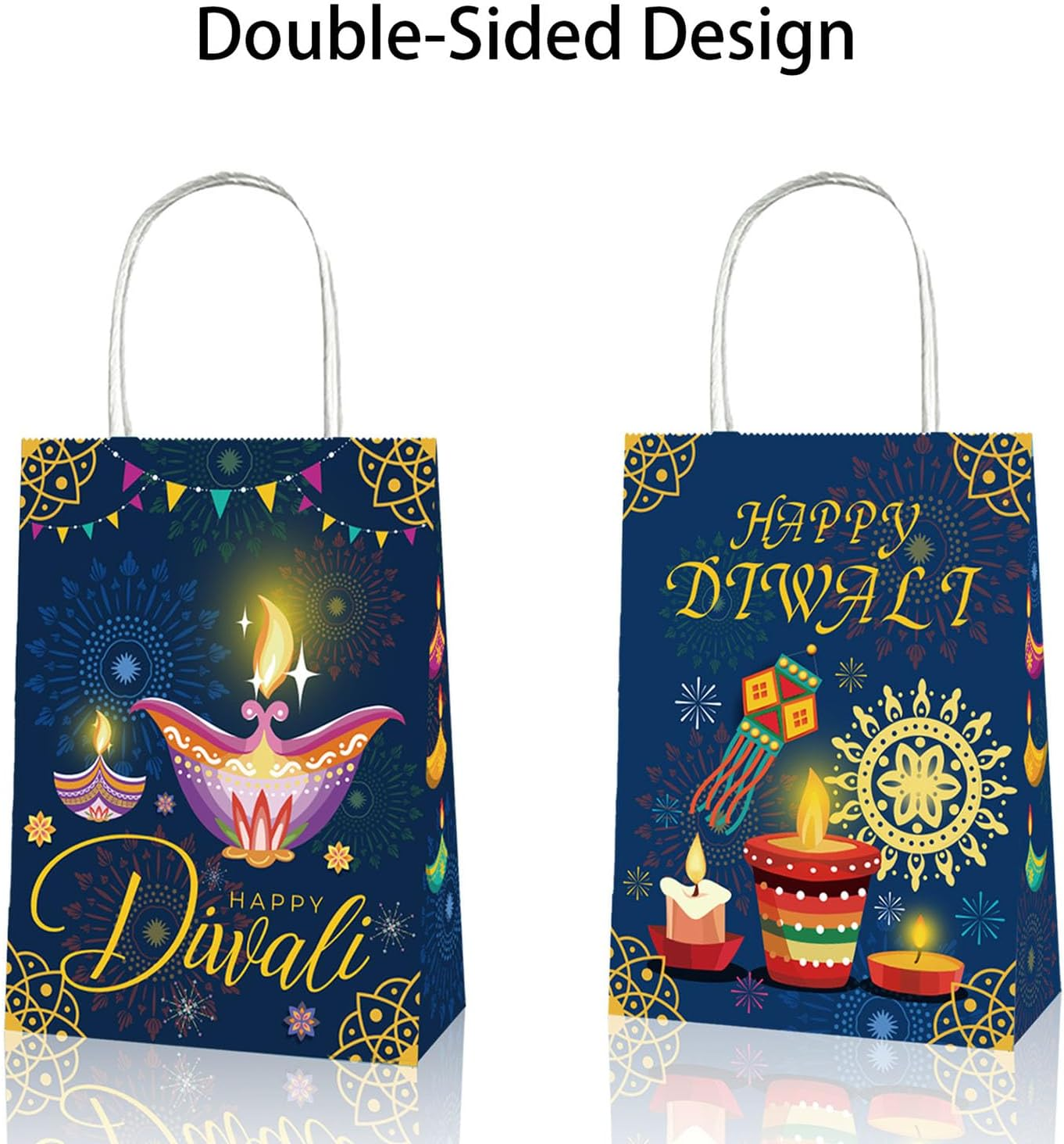 12PCS Happy Diwali Favor Bags,Gift Bags Kraft Liner Paper Bags Pack Diwali Items 8.3"X6.3"X3.15"