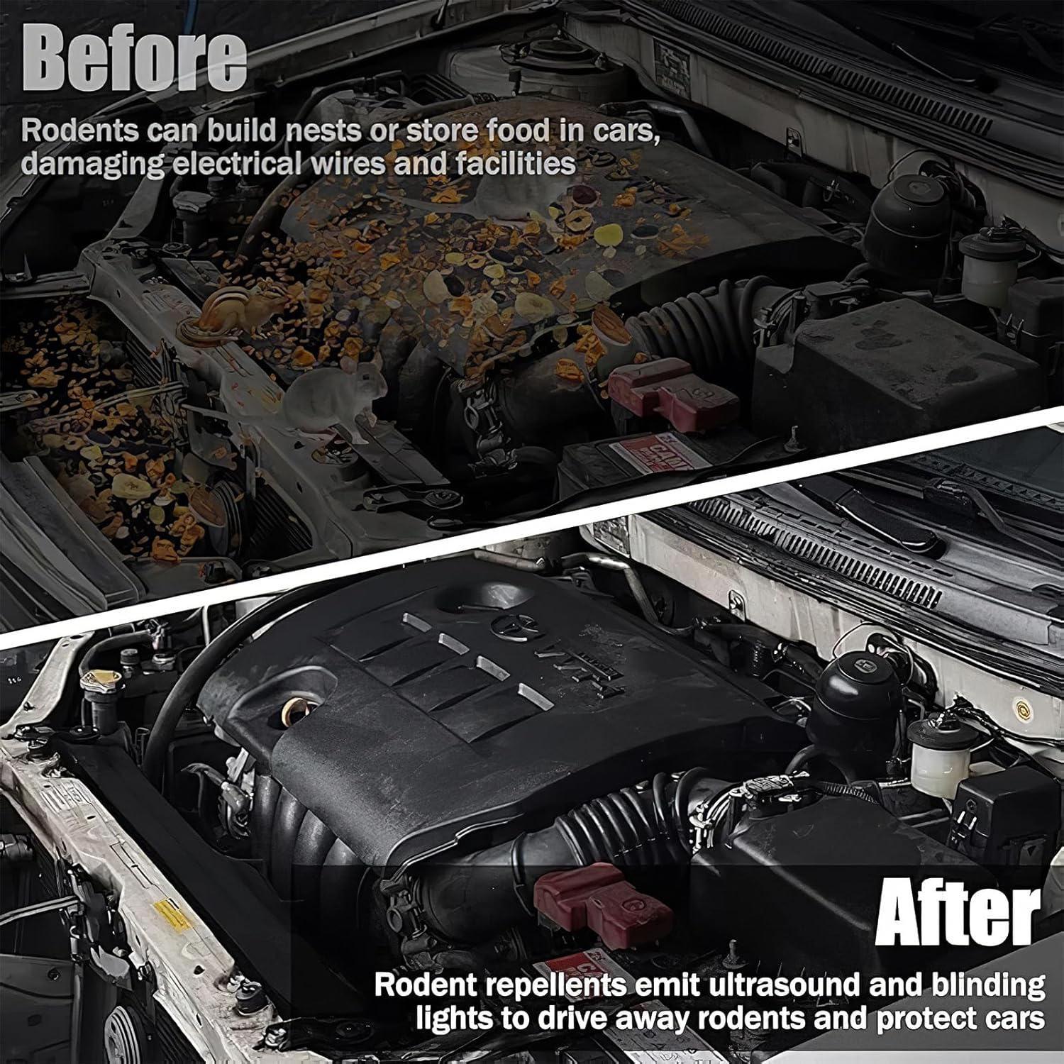 7JI 2 Pack High Frequency Battery Operated Strobe Light Rodent Repellent, under Hood Mouse Squirrel Rat Deterrent, Smart Detectio Keep Rodents Boat Garage, Out of Car, Sound Frequency 16 Khz