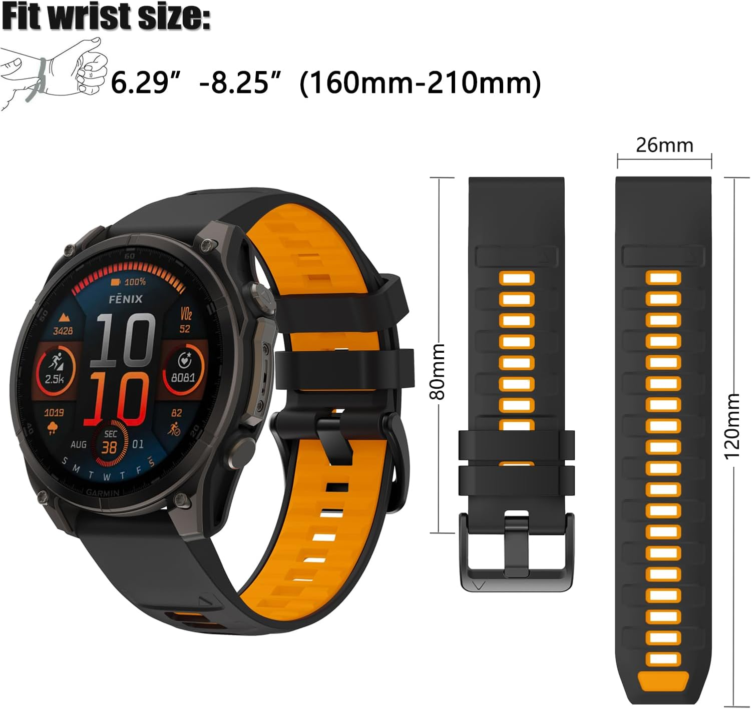 26Mm Quick Fit Silicone Watchband for Garmin Fenix 8 51Mmband, Waterproof Watch Strap Compatible with Fenix 7X/Fenix 6X/Fenix 5X/Fenix 3/Enduro/Epix Pro 51Mm
