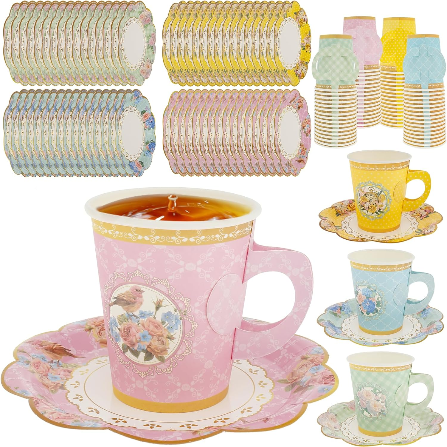 64 Sets Tea Party Supplies,Floral Paper Tea Cups and Saucers,Colorful Flower Teacups,Floral Tea Cups with Handle for Hot Cold Beverage Birthday Wedding image number 4
