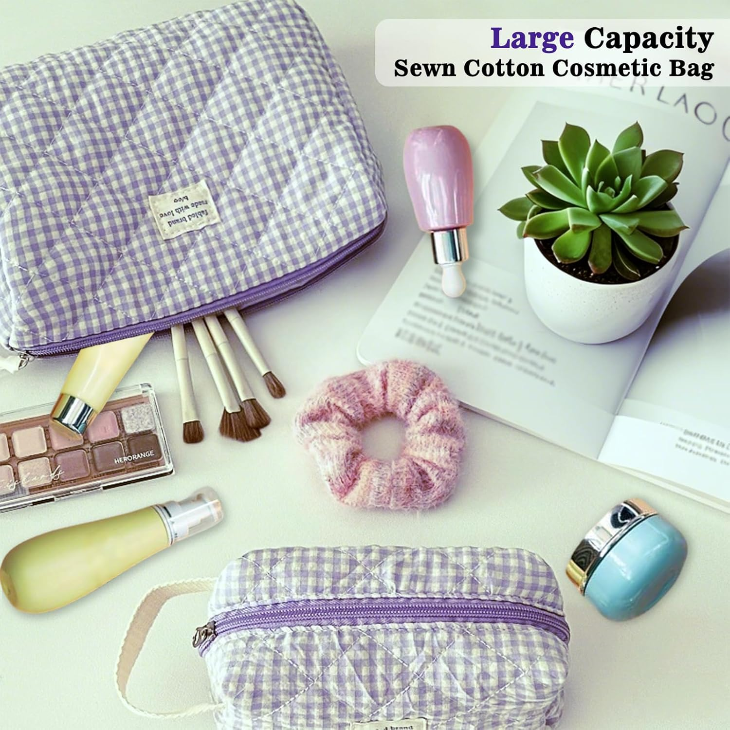 2 Pcs Cotton Quilted Makeup Bag Set,Makeup Brushes Storage Bag,Fashion Sweet Organizer, Cute Travel Toiletry Bag,Women Checkered Design (24Cm+16Cm) image number 2