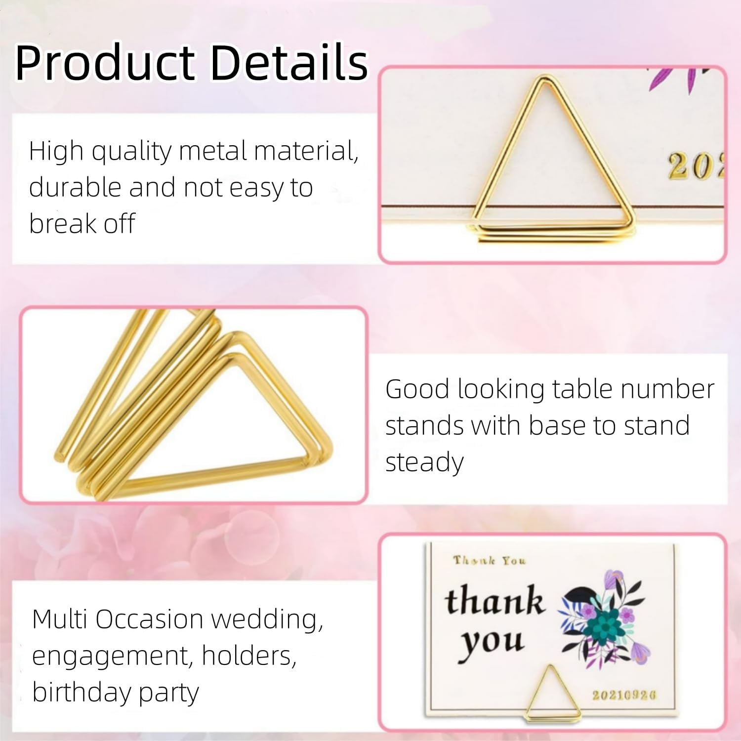 60 Pcs Place Card Holder, Triangle Shape Table Number Holder, Wedding Table Mini Name Card Holder, Seating Labels Placecard Clips Stand, Photo Picture Holder for Wedding Party Shower (Gold) image number 2
