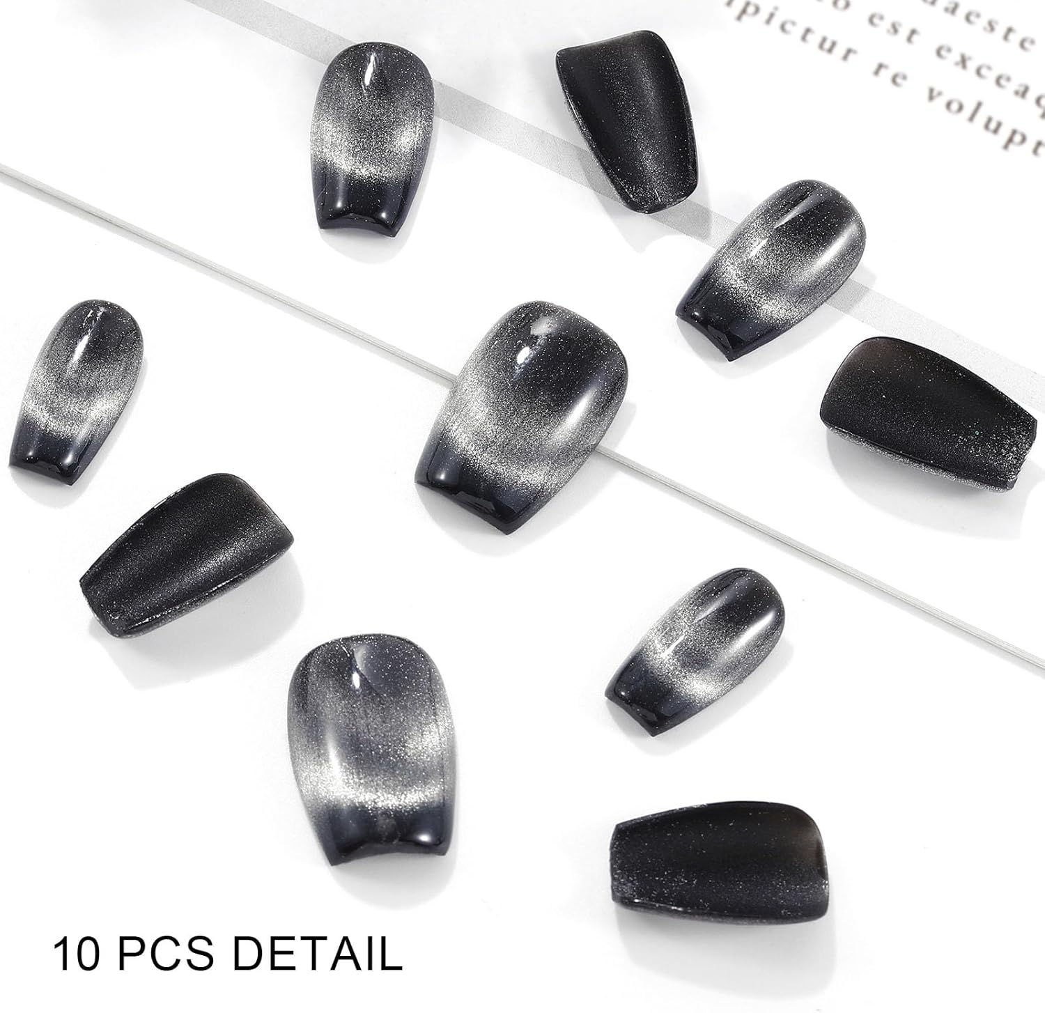 Sethexy French Black Medium Coffin Artificial Nail Cat Eye Sparkle Handmade False Nails Natural Shiny Press on Nails Salon Quality for Women and Girls (I) image number 1