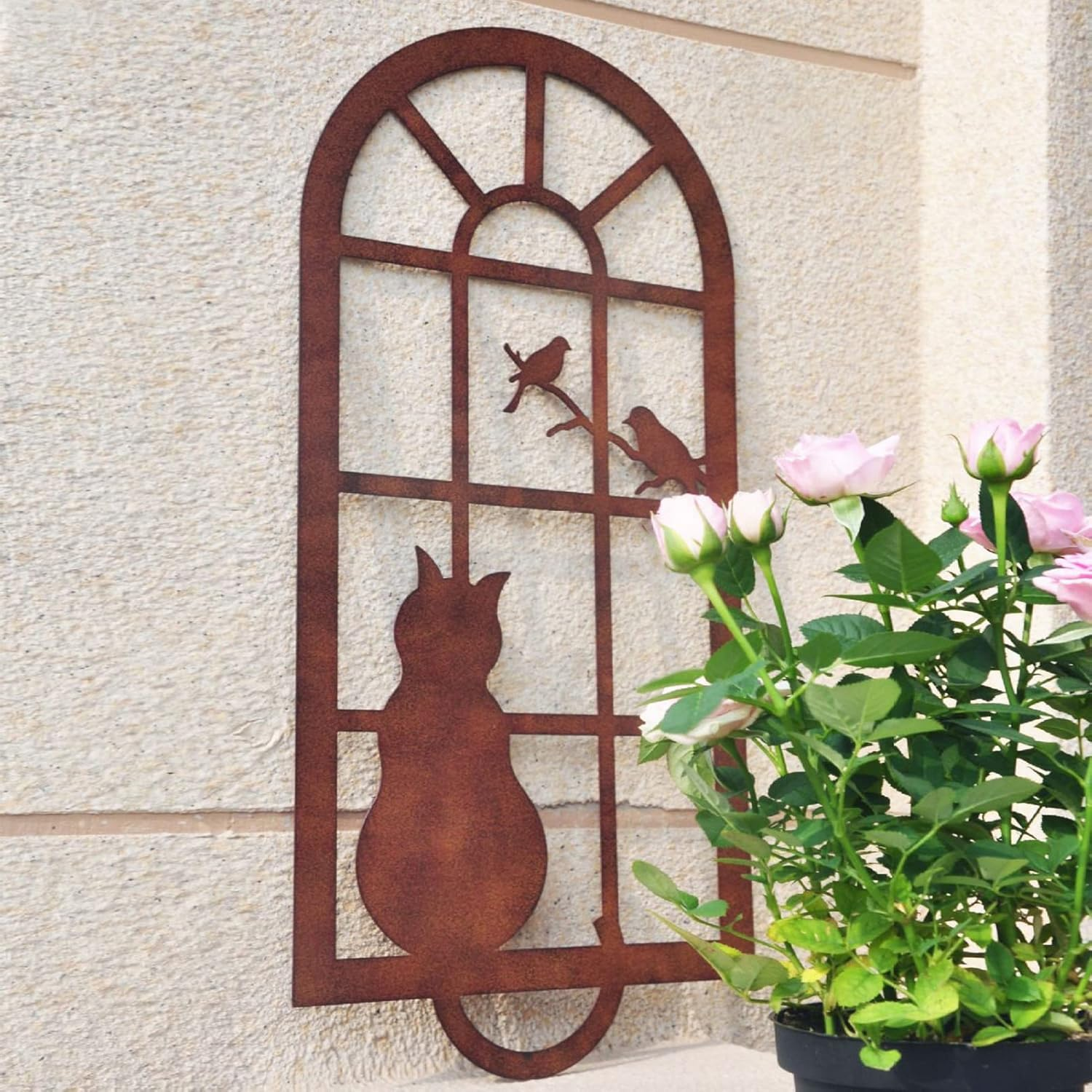 Cat Metal Wall Art Outdoor 22 Inch Bird and Cat Garden Distressed Window Statues, Metal Wall Decor with Frame, Iron Animal Garden Wall Ornament for Home Yard Front Door 56Cm image number 3