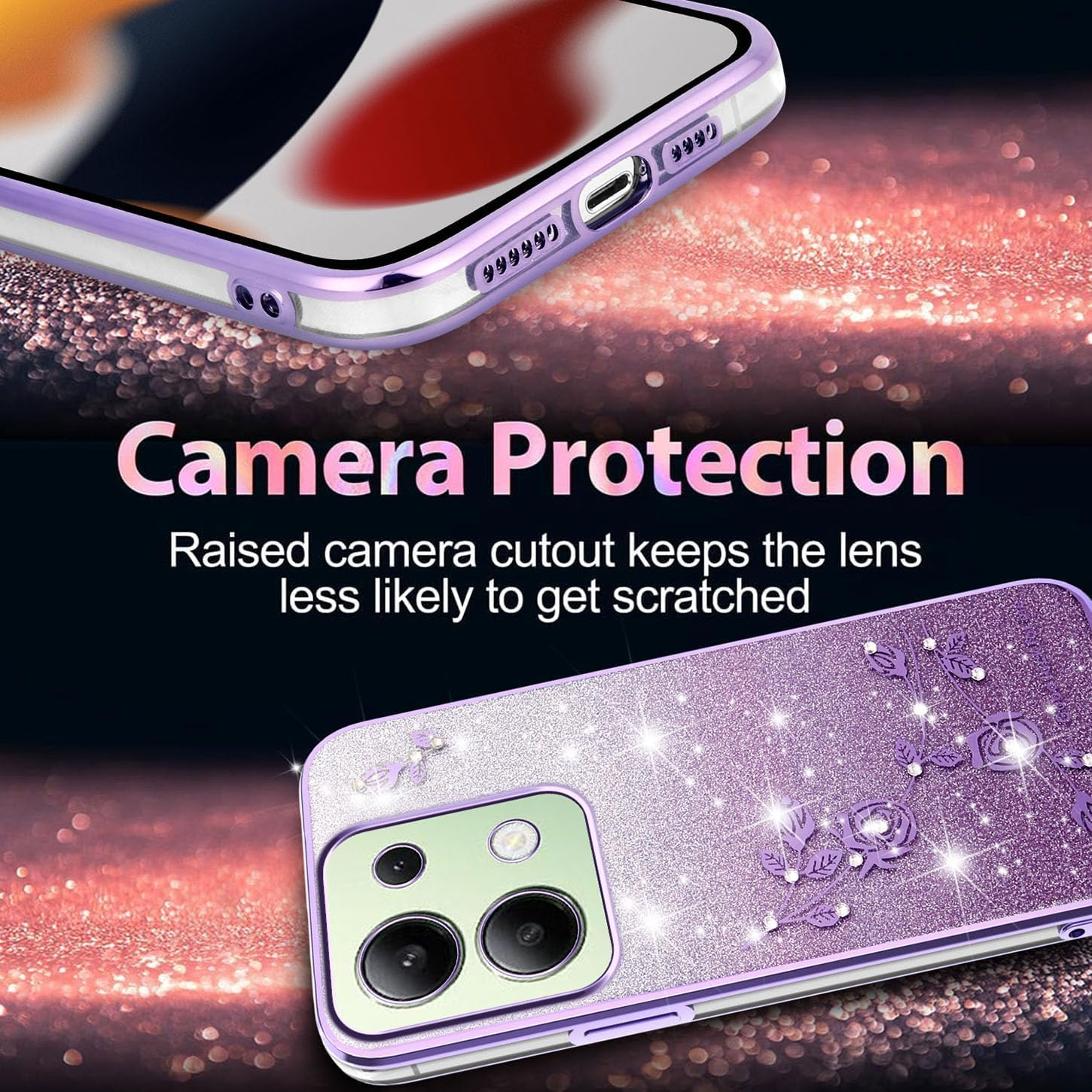 ILING Girls Case for Xiaomi Redmi Note 13 4G, Bling Gradient Color Back + Elegant Rose Pattern + Glitter Rhinestones Inlaid, Ultra Thin Soft Silicone TPU Shockproof Cover (Purple)