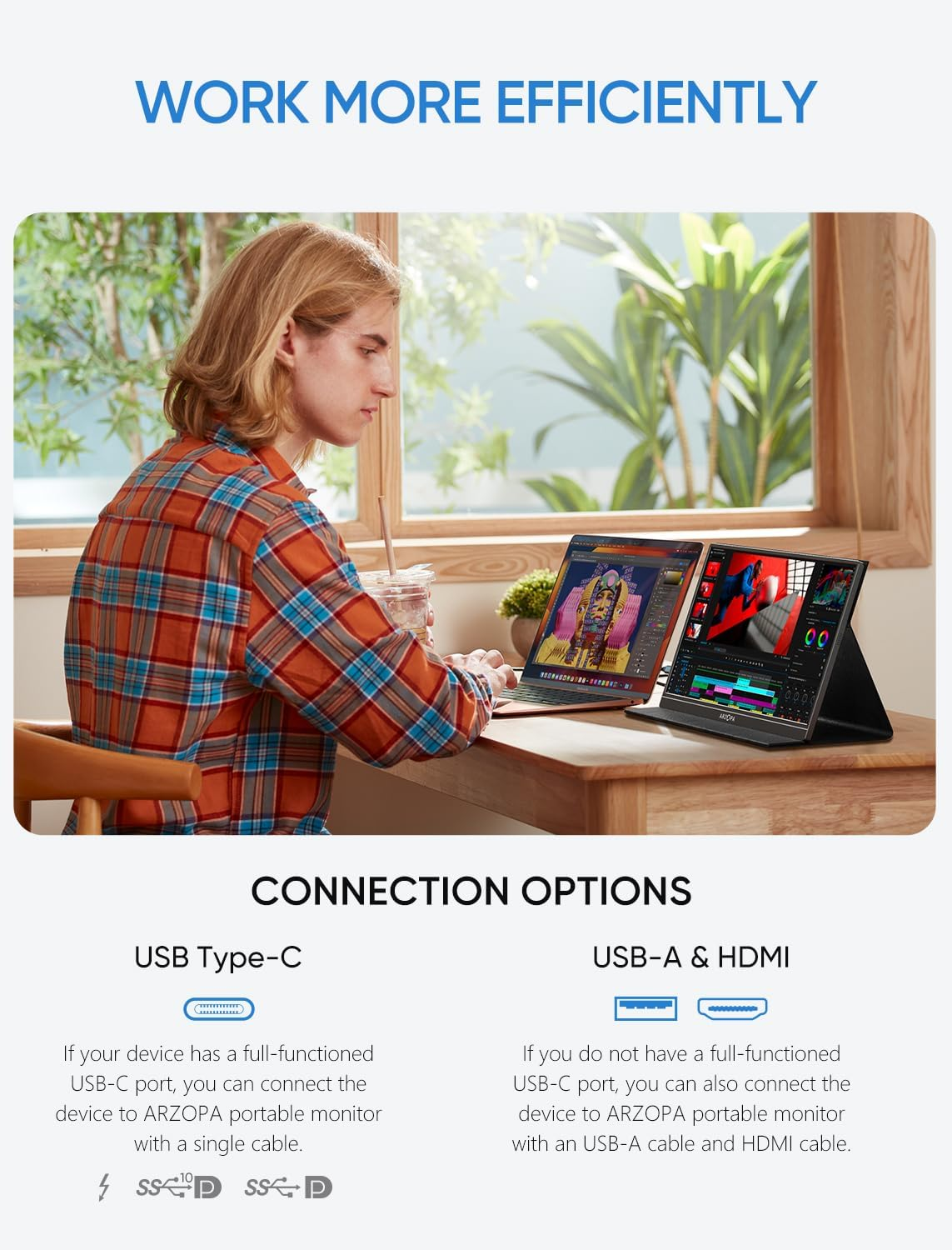 ARZOPA Portable Monitor, 15.6'' 1080P FHD Laptop Monitor USB C HDMI Computer Display HDR Eye Care External Screen W/Smart Cover for PC Mac Phone Xbox Switch PS5 - S1 Table