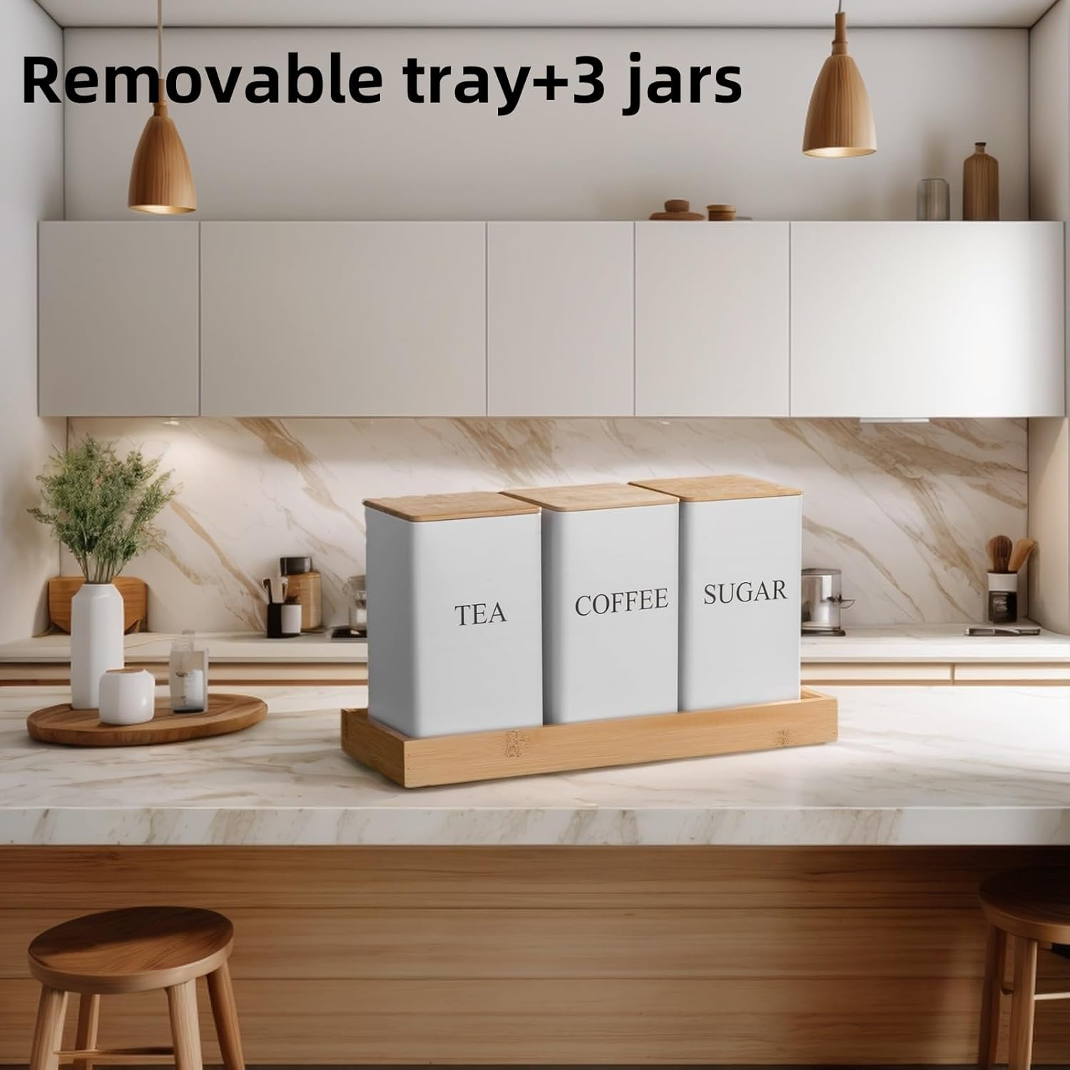 Alerrawia 4 Pcs Tea Coffee Sugar Canister 1000 Ml Metal Coffee Tea Sugar Container with Airtight Bamboo Lid and Name Marker Food Storage Containers Jars for Coffee Sugar Tea White Container image number 6