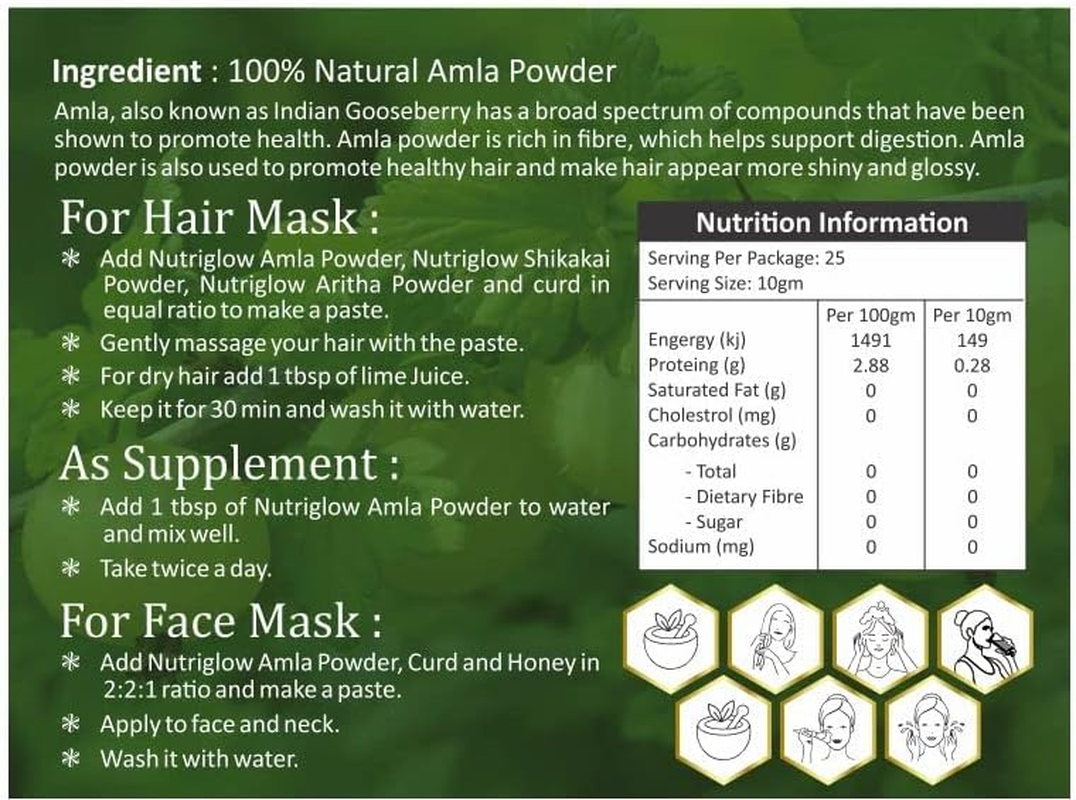 Nutri Glow | Amla Fruit Powder | 8.81 Oz (250 G) | Amalaki | Phyllanthus Emblica | Indian Gooseberry Powder | for Cooking, Smoothies, Latte, Skin & Hair Care | Resealable Air Tight Pouch image number 2