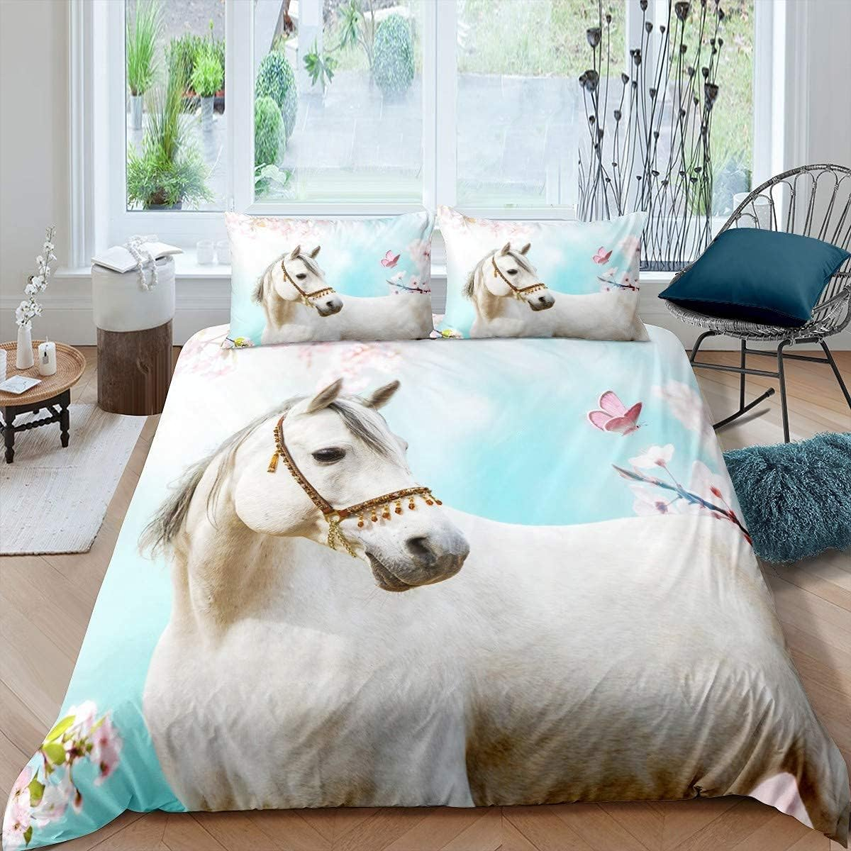 White Horse Print Duvet Cover Set Wild Animal Themed Bedding Set Butterfly Flower Print Bedding Set 135 X 200 Cm for Children Boys Girls Microfibre Nature Themed Room Decoration image number 1