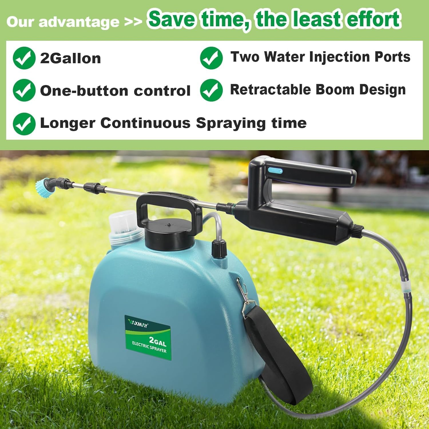 JINDUN Battery Powered Sprayer 8L, Upgrade Powerful Electric Sprayer with 3 Mist Nozzles&Rechargeable Handle, Retractable Wand, Garden Sprayer with Adjustable Shoulder Strap for Lawn,Garden,Cleaning image number 2