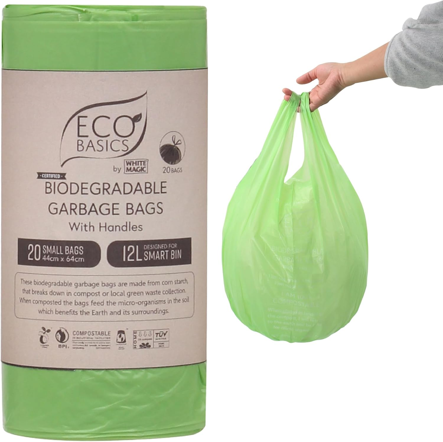 Eco Basics Biodegradable Garbage Bags with Handles &ndash; Small, 20 Bags, 12L, 44 X 64Cm, Strong & Compostable Corn Starch Bags image number 2
