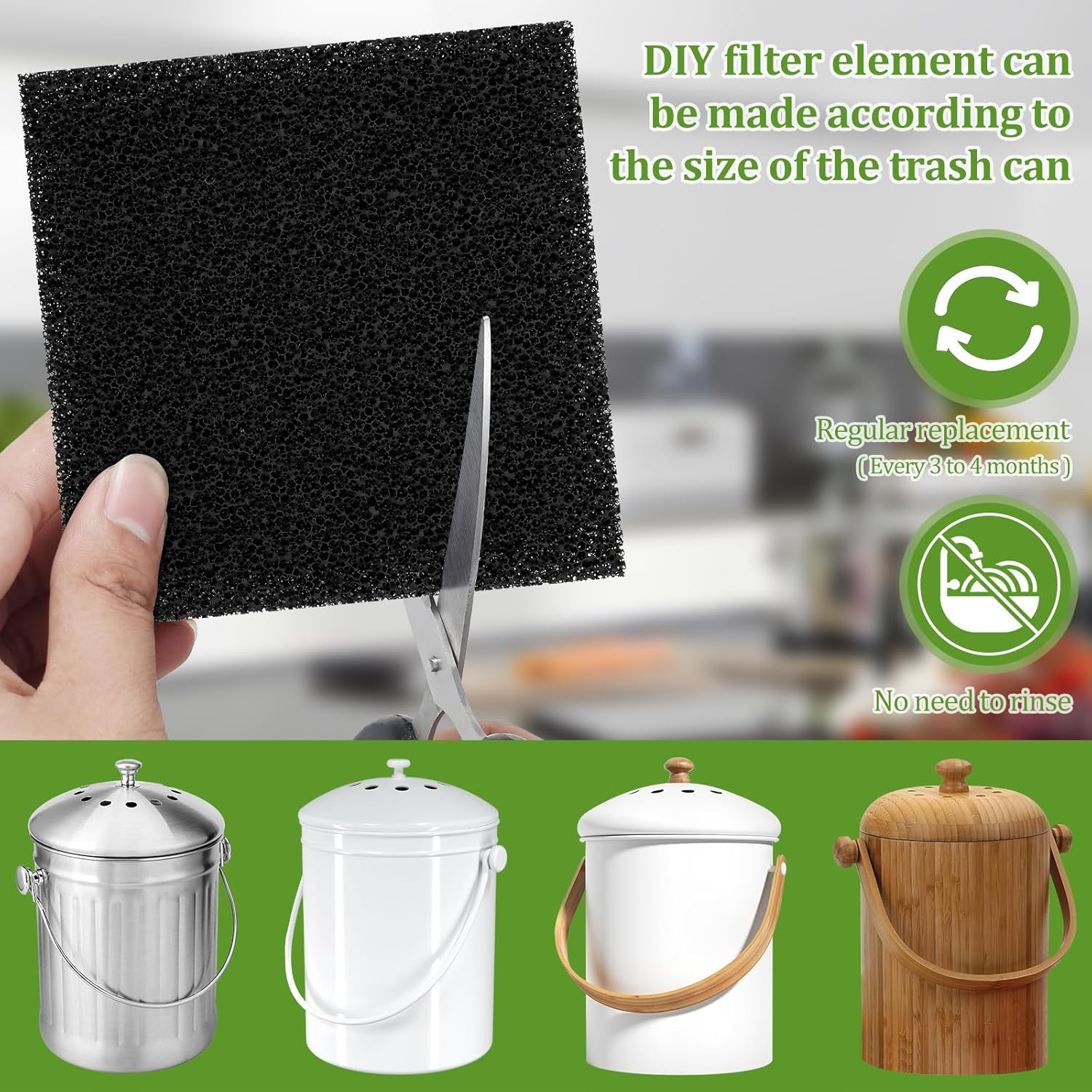 12Pcs Charcoal Filters for Kitchen Compost Bin 12Cm Square Activated Carbon Compost Bin Filters Efficient Replacement Compost Filters Compost Bin Kitchen Charcoal Filter 5Mm Thick