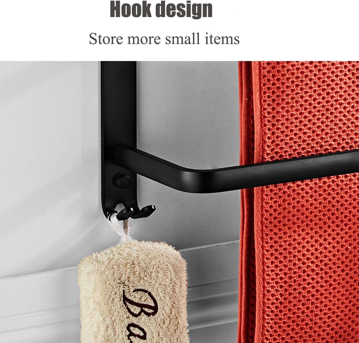 Towel Rack 60CM, Towel Rail Wall Mounted 3-Tier,Towel Rods with 2 Hooks, Bathroom Towel Holder Black Towel Bar, Modern Home Decor Bathroom Towel Rack, Frosted Black image number 4