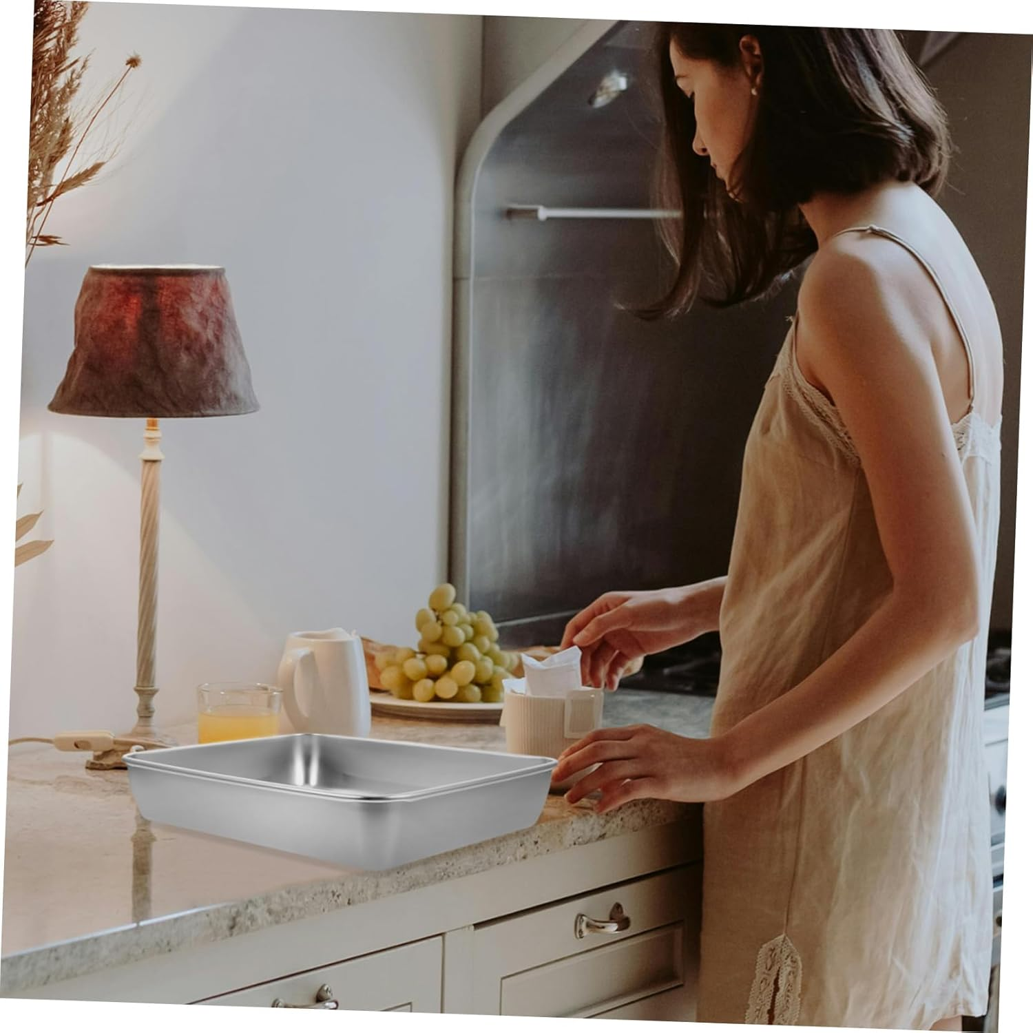 Mikinona Stainless Steel Rectangle Cake Pan Baking Tray 30.7X24.3X5.5Cm Narrow Edge Non-Coated Bread Loaf Bakeware for Home Baking Supplies image number 4