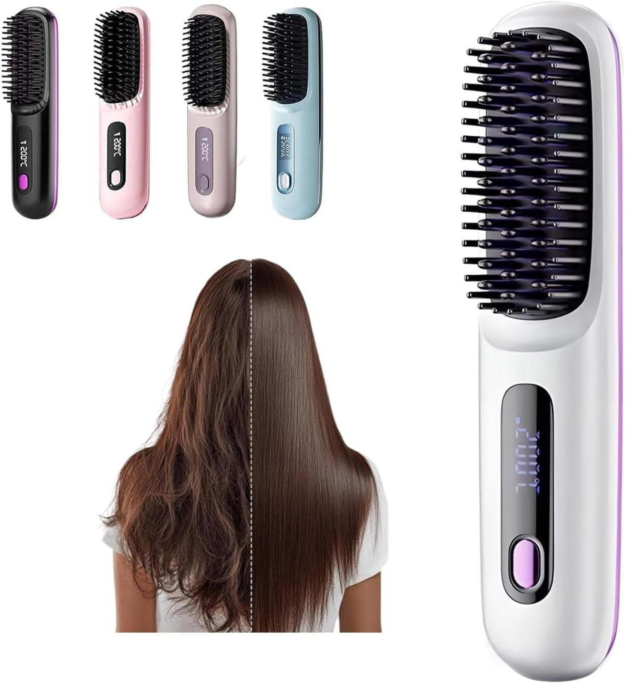 2025 New Cordless Hair Straightener Brush, 2 in 1 Portable Straightener Brush with LED Screen, Rechargeable Hair Heated Brushes for All Hair Type (Pink) image number 1