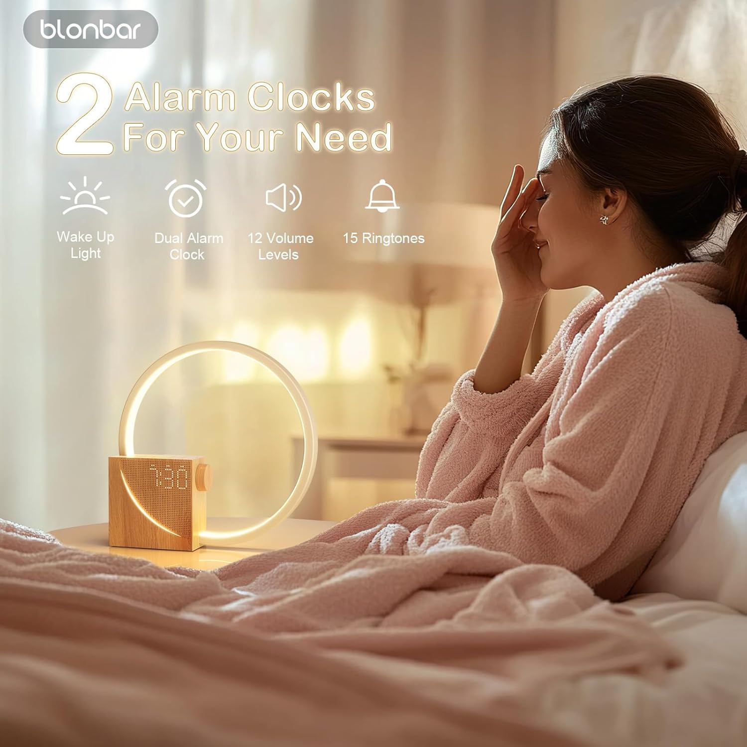 Blonbar Sunrise Alarm Clock for Heavy Sleepers, Wake up Light with Dual Alarms Sunrise Simulation USB Charging Port 4-Level Dimmable, Night Light 10 Natural Sounds Snooze Alarm Clocks for Bedrooms image number 1