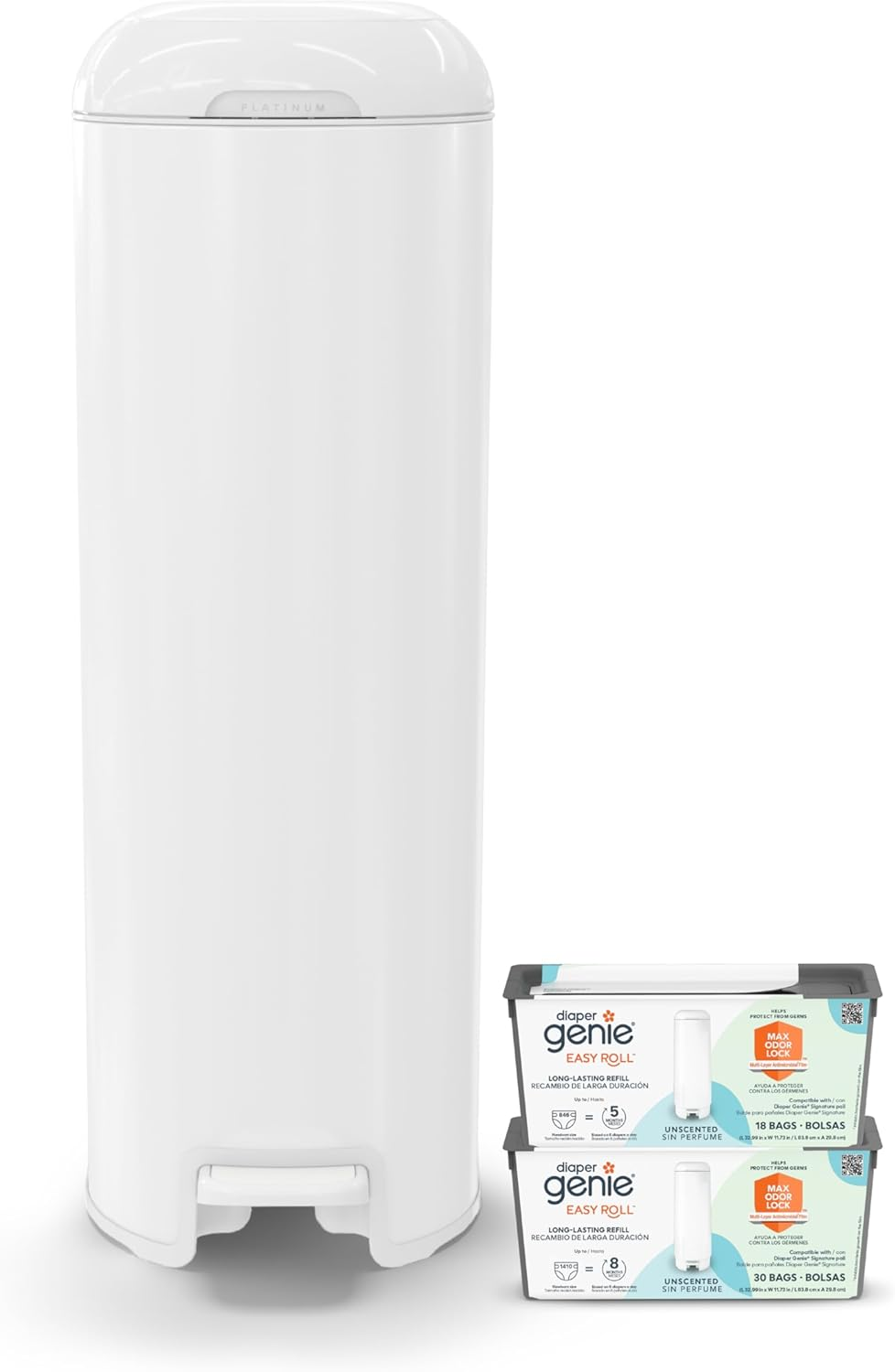 Diaper Genie Platinum Pail Gift Set, Lily White, Made of Durable Stainless Steel and Includes 2 Easy Roll Refills with 48 Bags. image number 5