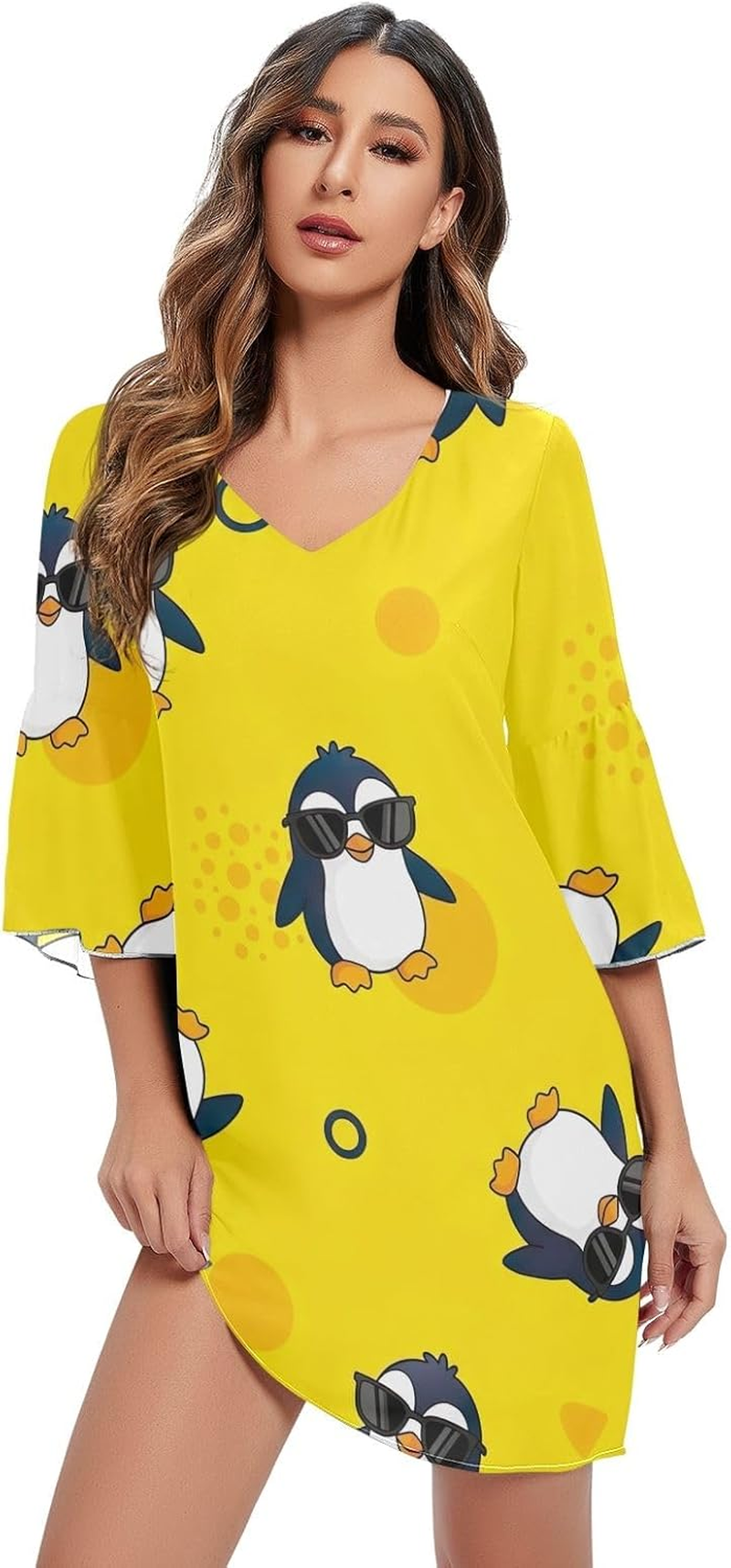 Cartoon Penguins Yellow V Line Dress 3/4 Sleeve Maternity Dress Party S-XXL image number 5