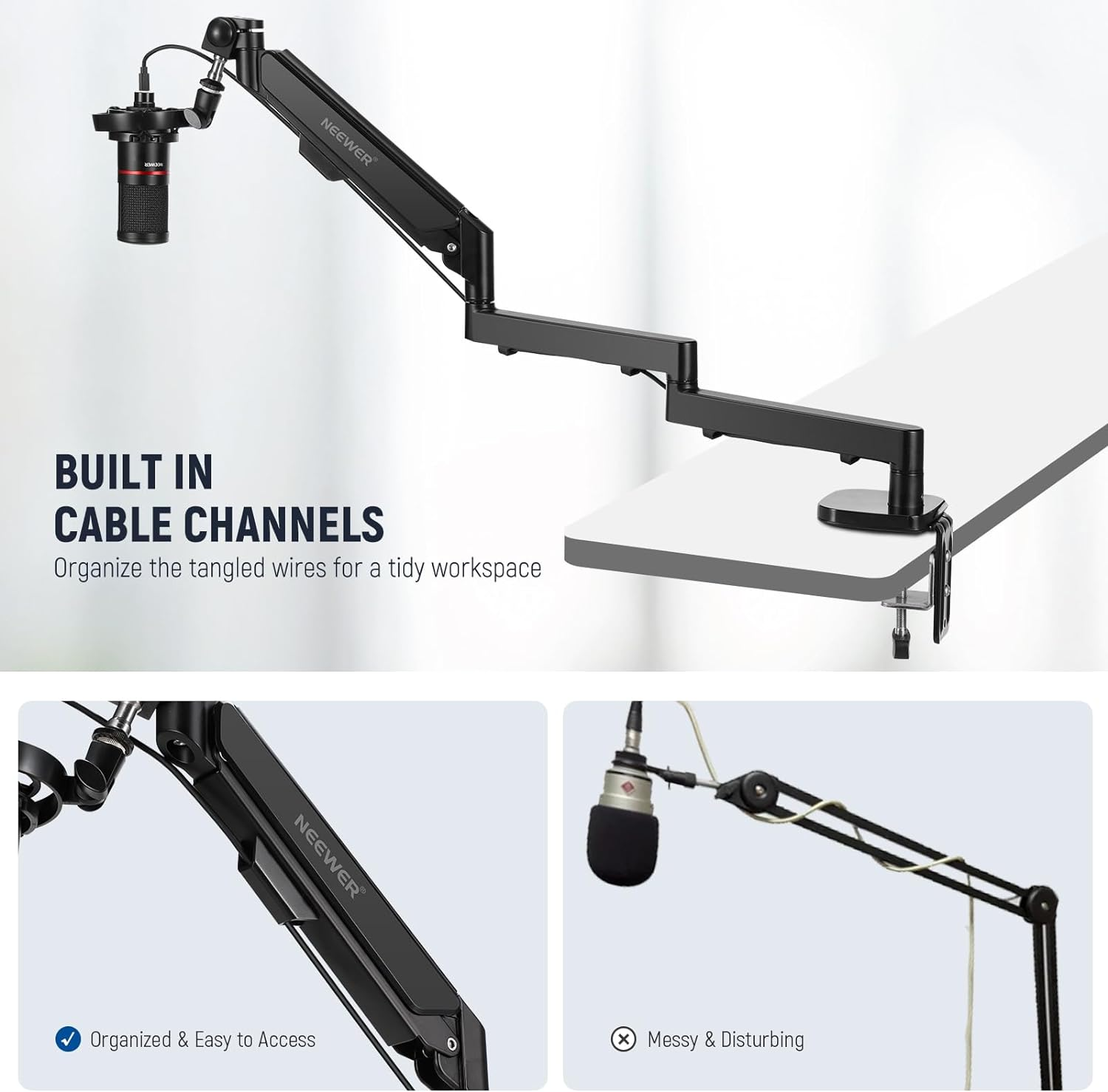 NEEWER Low Profile Mic Arm Desk Mount, 360&deg; Swivel Boom Arm with Pneumatic Damping Adjustable, Cable Management, Compatible with Shure MV7 SM7B Blue Yeti Gaming Streaming Podcast Microphone, MS002 image number 4