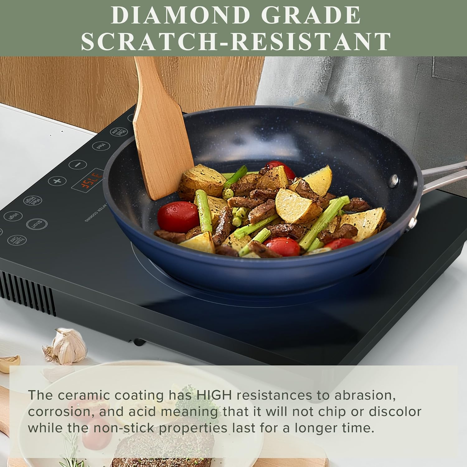 Nuwave Healthy Duralon Blue Ceramic Nonstick Coated Cookware Set, Diamond Infused Scratch-Resistant, PTFE & PFOA Free, Oven Safe, Induction Ready & Evenly Heats, Tempered Glass Lids & Stay-Cool Handle image number 3