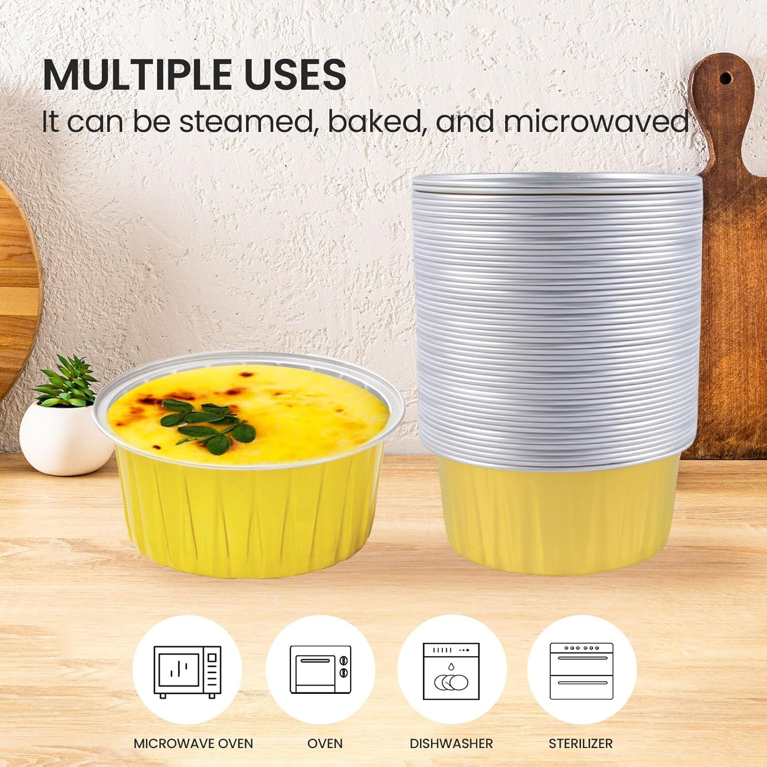 50 Pcs 5Oz Reusable Aluminum Foil Cupcake Baking Cups Mini Dessert Pudding Cups with Lid Oven Safe Baking Containers Perfect(Gold) image number 4