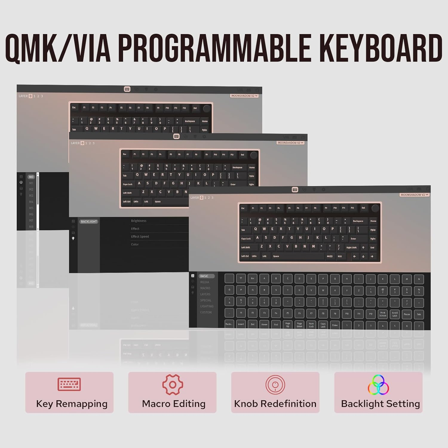 Kiiboom Moonshadow V2 75% Wireless Aluminum Gaming Keyboard, QMK&VIA Programmable, Bt5.0/2.4Ghz/Usb-C, Hot-Swappable Creamy Mechanical Keyboard with FR4 Plate, Knob, 4000Mah Battery (Pink) image number 4