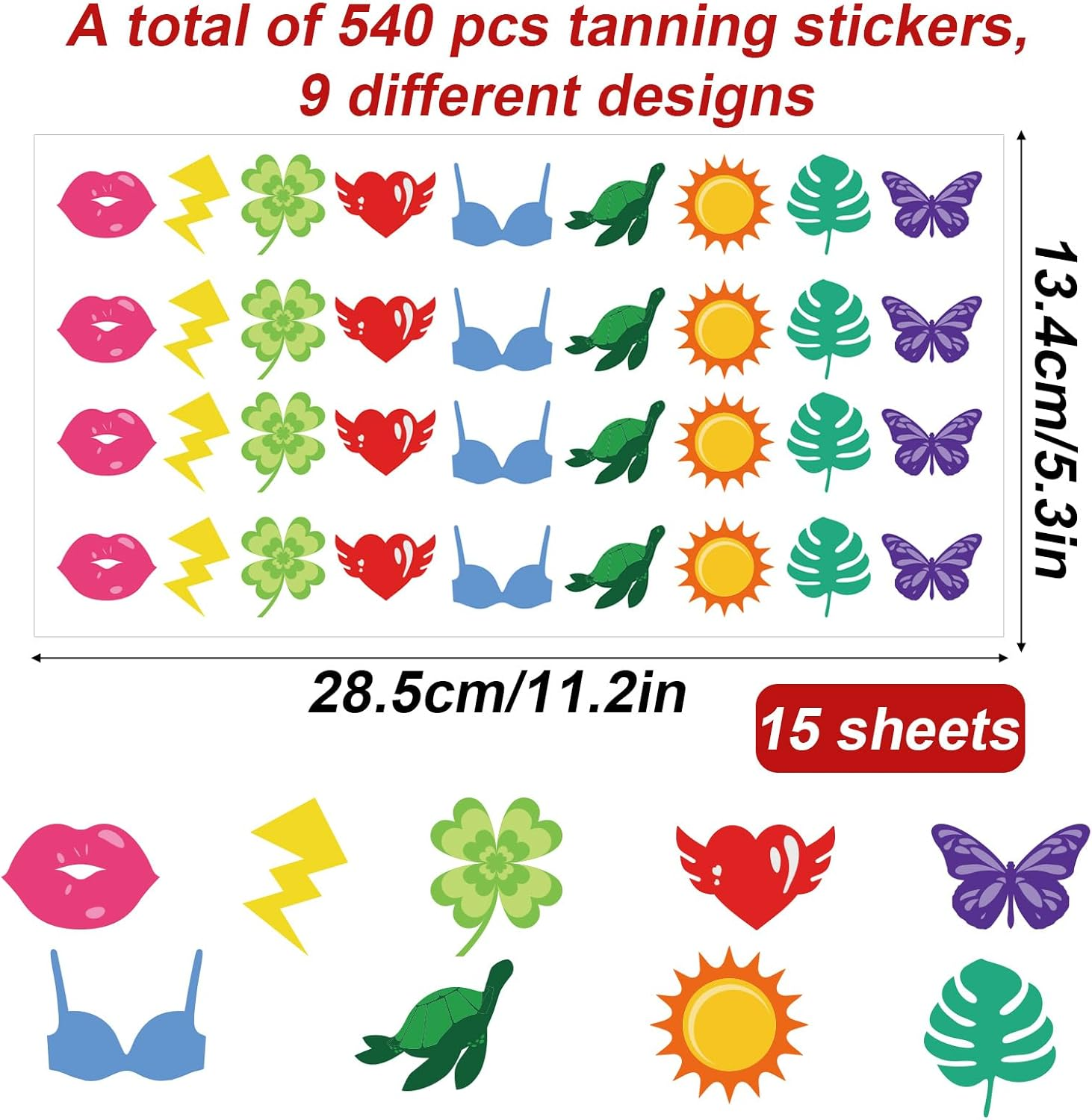 Lyreh 540Pcs Tanning Stickers, Colorful Tanning Sunbathing Stickers Various Styles Sunbathing Body Decals Practical Accessories for Hiking Cycling Traveling Beach Outdoor Activities image number 4