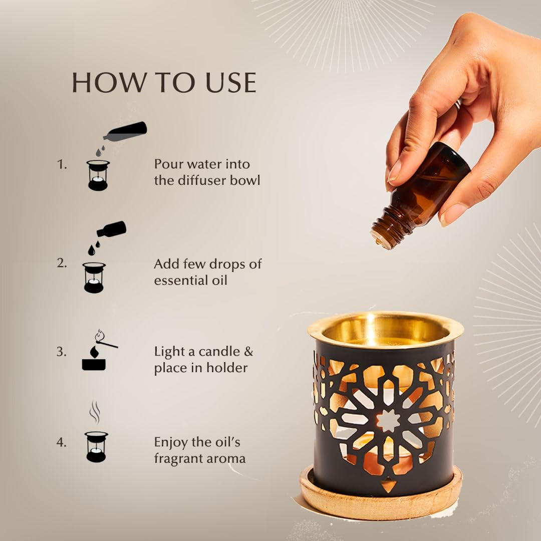 Dukhni Oil Burner | Brass Burner with Candle | Use for Essential Oil, Aroma Oil, Diffuser Oils | Relax with Home Aromatherapy, for Stress Relief, Meditation, Massage and Home Fragrance, Islamic Gift image number 2