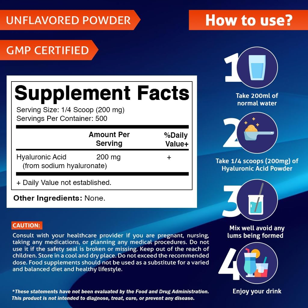 Vitamatic Hyaluronic Acid Powder 200Mg - Supports Healthy Connective Tissue and Joints - Promote Youthful Healthy Skin - 100 Gram image number 5