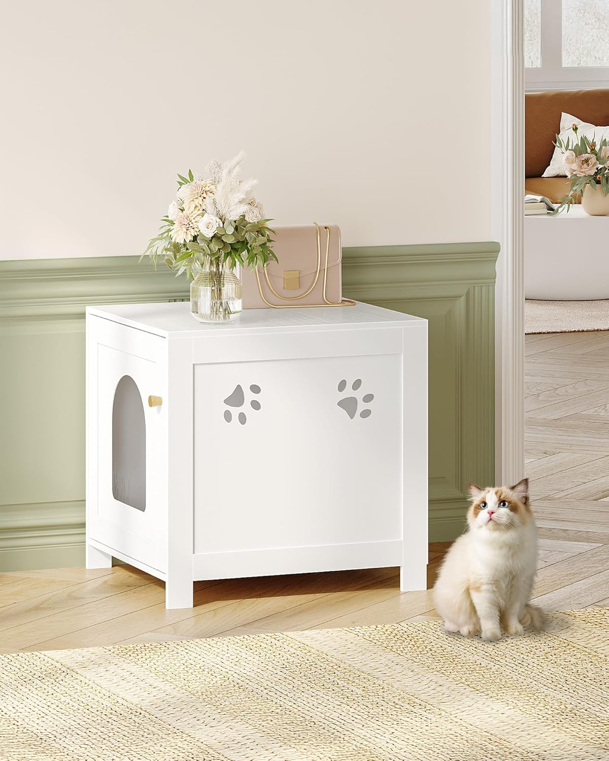 Hzuaneri Cat Litter Box Enclosure, 21.6" L Hidden Litter Box Furniture, Wooden Indoor Pet House with Front Arched Door, Side End Table, Nightstand for Living Room, Bedroom, White CB82213X image number 5