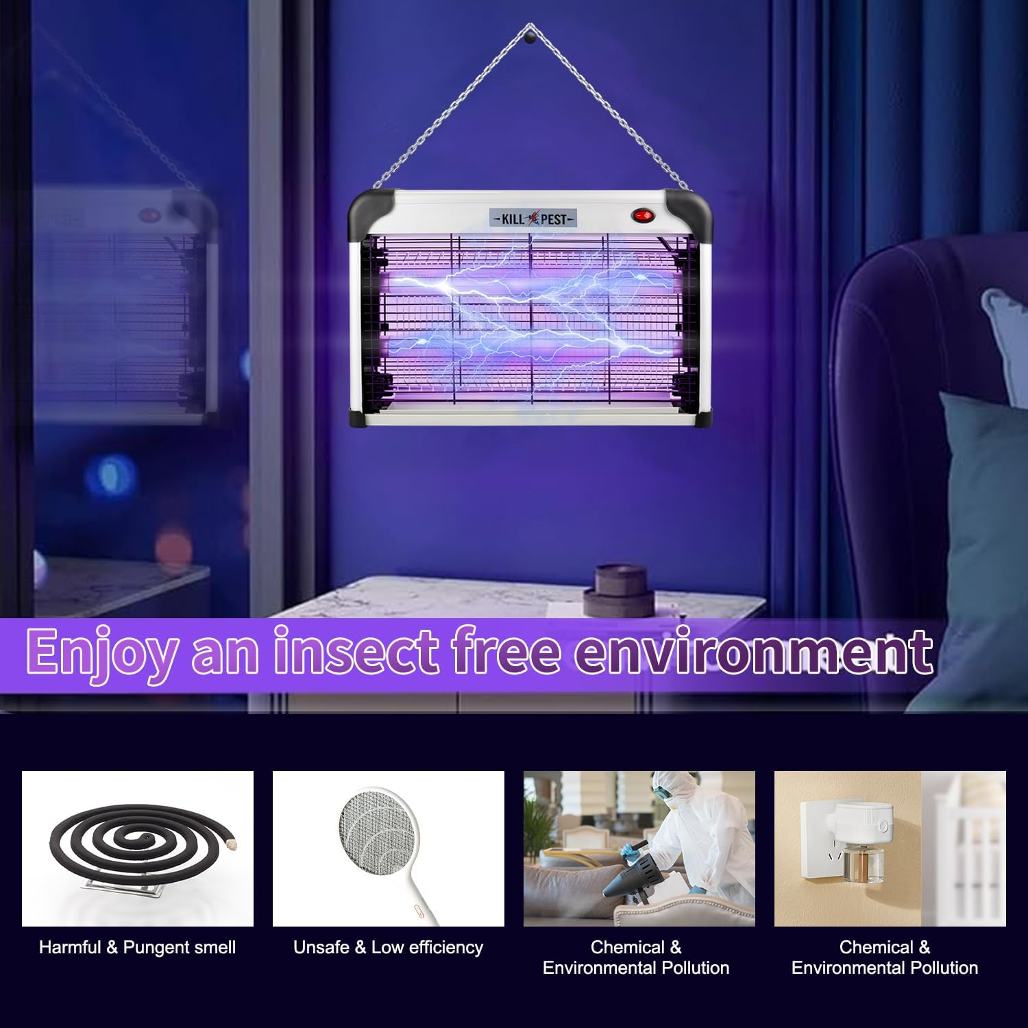 Electric Bug Zapper, 20W Mosquito Zapper Indoor Outdoor, UV Glass Tube Bug Zapper, Flying Insect Killer, Mosquito Killer with Protective Grid, Hanging Insect Trap for Moth, Fly, Insect image number 5