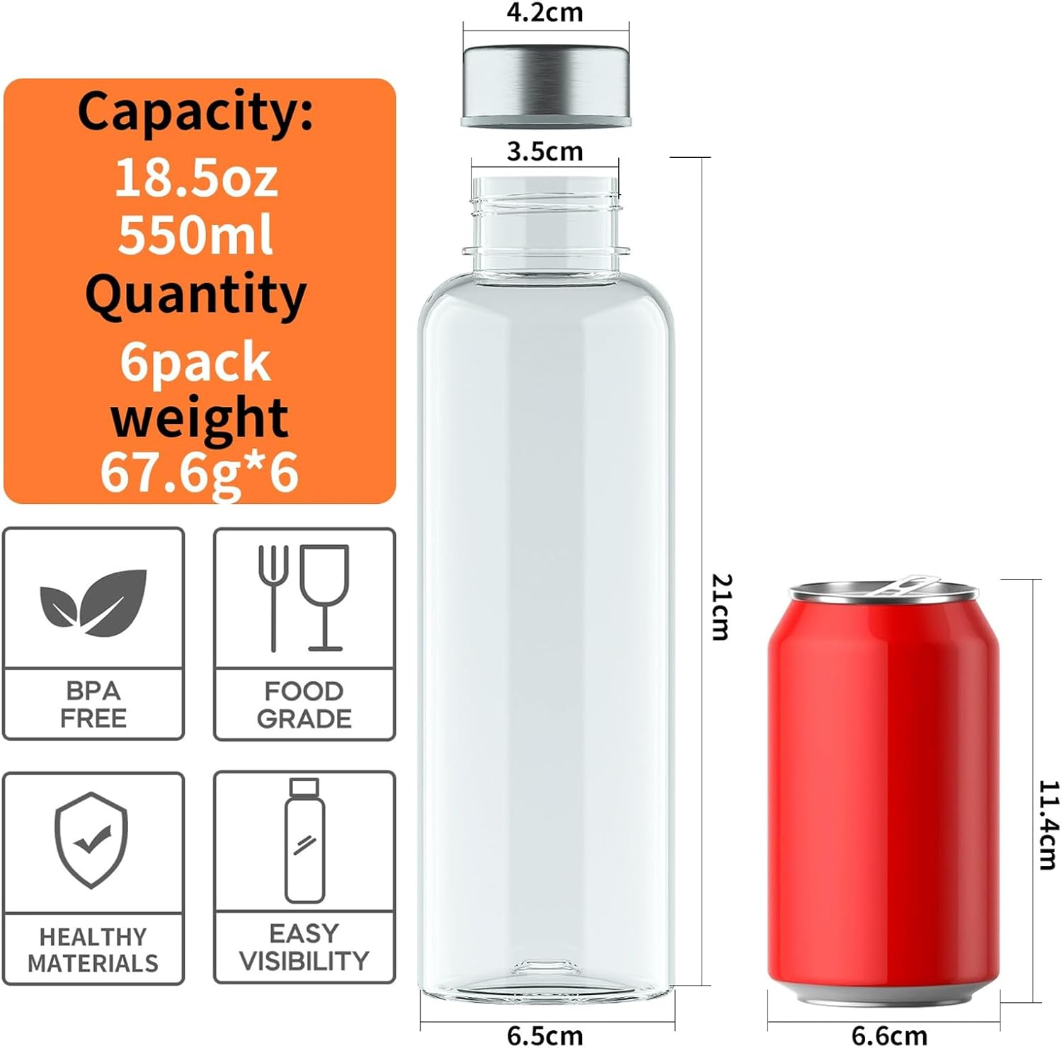 Taoluwin Glass Water Bottle Set, 6-Pack 18OZ Clear Glass Bottles, Reusable & Leak Proof Juice Containers for Water, Juice, Tea, and More image number 2