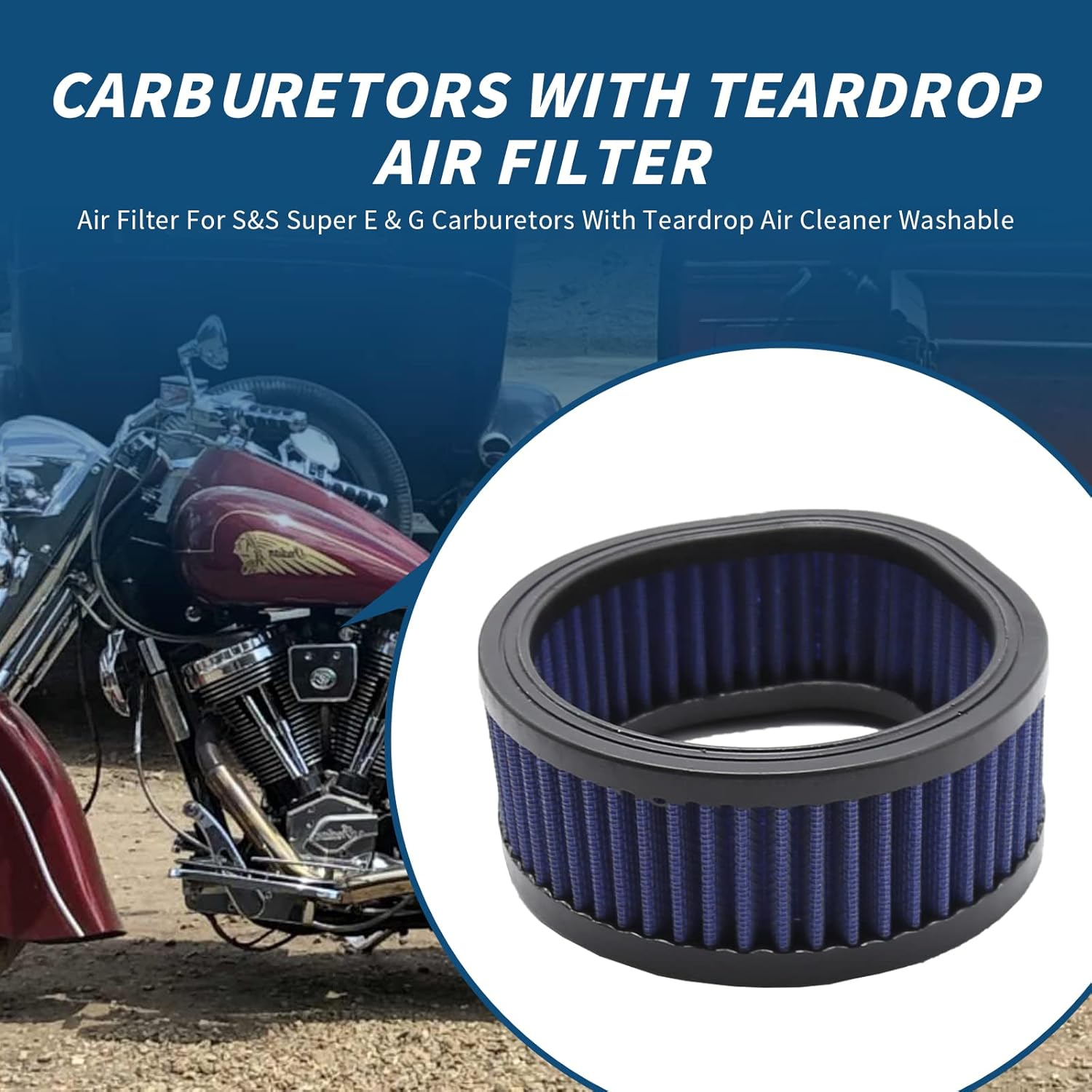 12-579 Motorcycle High Flow Air Cleaner Washable with Teardrop Air Filter Replacement for Harley Model S&S Super E & G Series Carburetors image number 1
