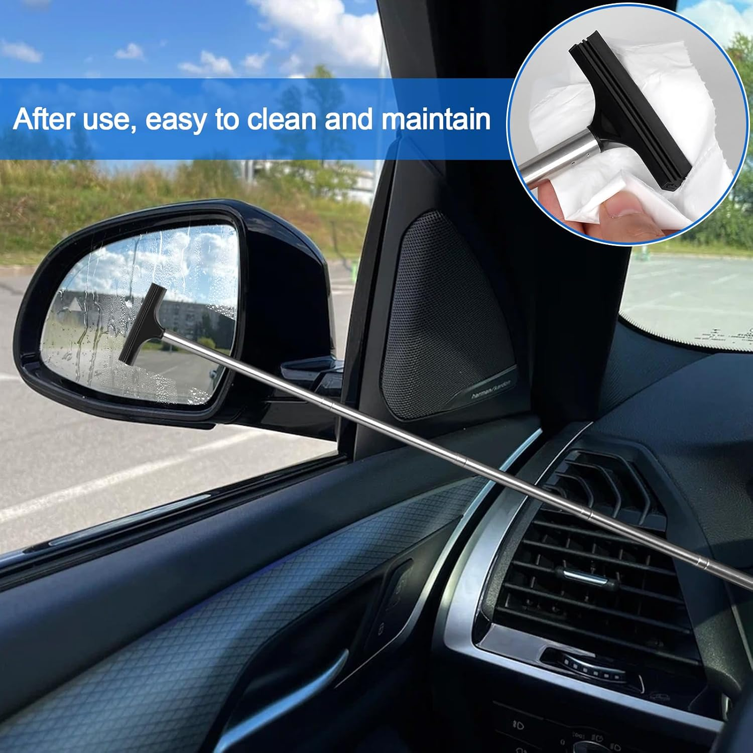 2 Pcs Car Mirror Wiper, 38.6In Handle Car Side Mirror Squeegee, Mini Squeegee for Rainy Foggy Weather image number 6