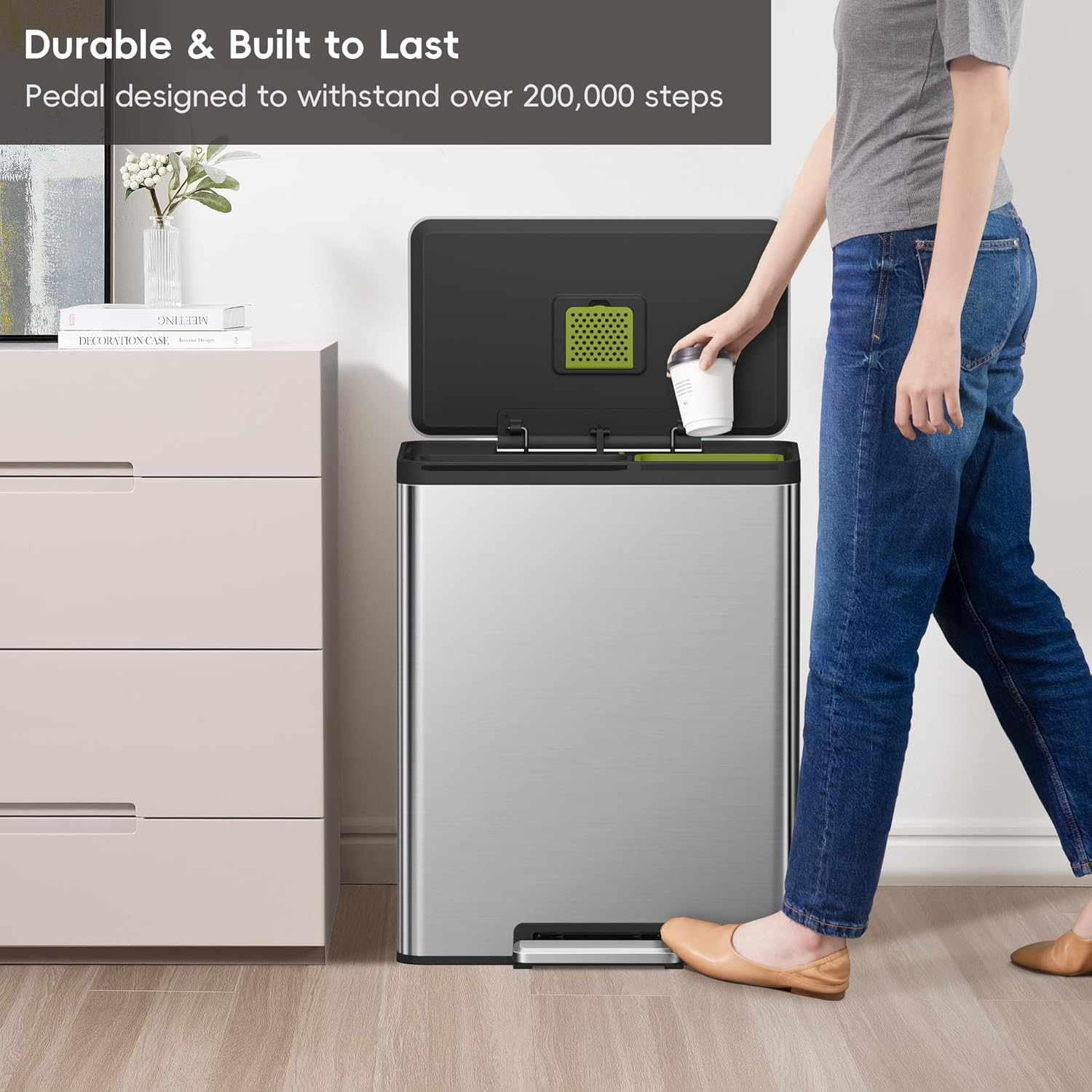 EKO Ecocasa II 36L+24L Dual Trash Bin with Recycle Bin, Stainless Steel Garbage Bin with Lid, Deodorizer Compartment, Odor-Proof and Fingerprint Resistant image number 1