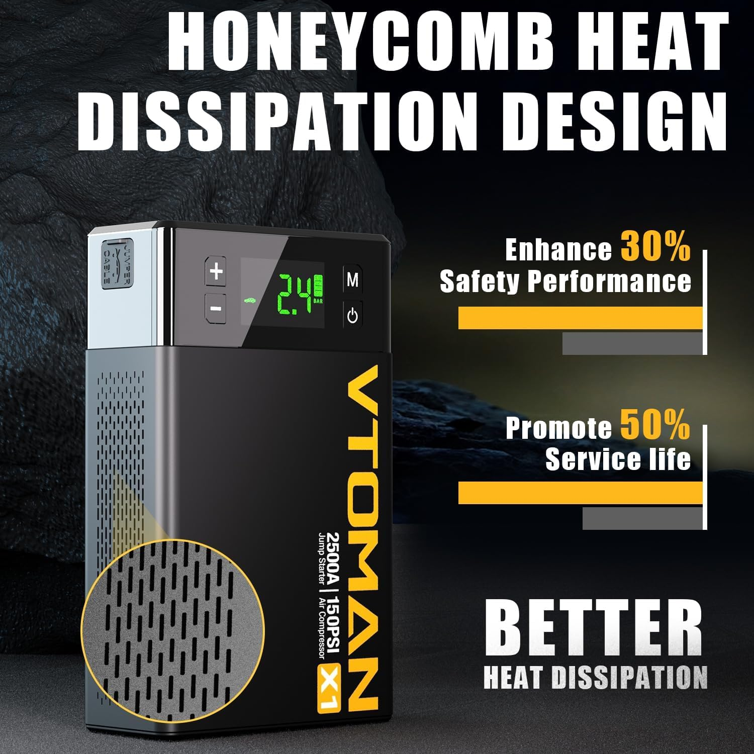 VTOMAN X1 Jump Starter with Air Compressor, 2500A Portable Battery Booster (Up to 8.5L Gas/6L Diesel Engines) with 150PSI Digital Tire Inflator, 12V Power Pack Car Jump Box Charger with LCD Display image number 3