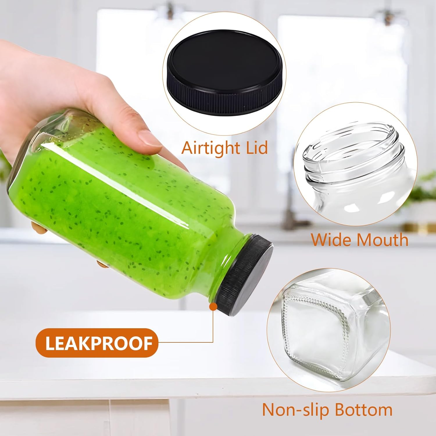 Fayrvind 8 Pack Glass Juice Bottles, 350Ml Wide Mouth Smoothies Bottle, 12Oz Clear Drinking Jar for Water Milk Beverage Kombucha, Reusable Juice Container with 10 Lids and Brush image number 6