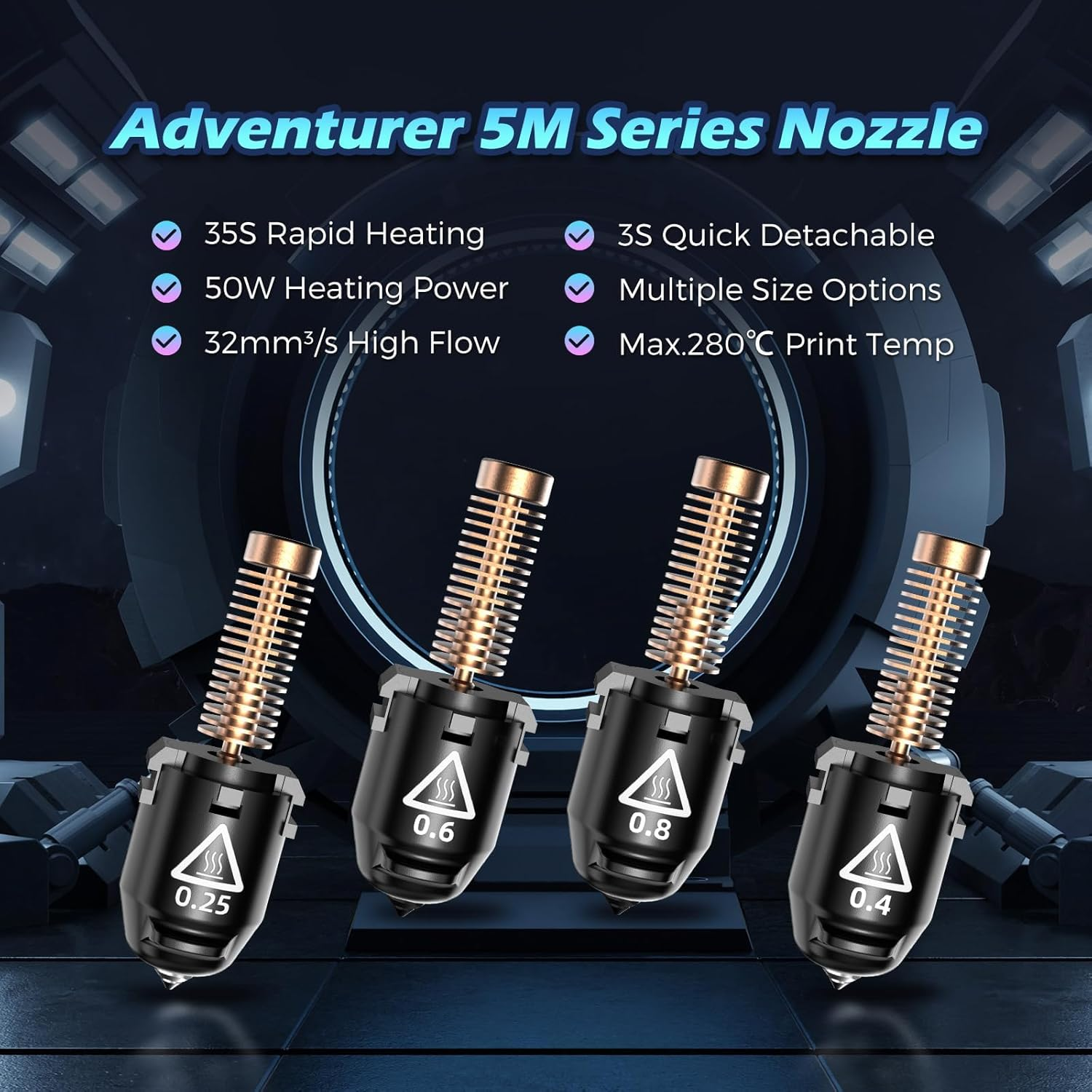 FLASHFORGE Adventurer 5M Nozzle, 4-Pack Nozzle Bundle, 280℃ High Flow 32Mm&sup3;/S Nozzle for Stable High-Speed Printing, Adventurer 5M Pro Hotend, 3S Quick-Detachable Nozzle image number 2