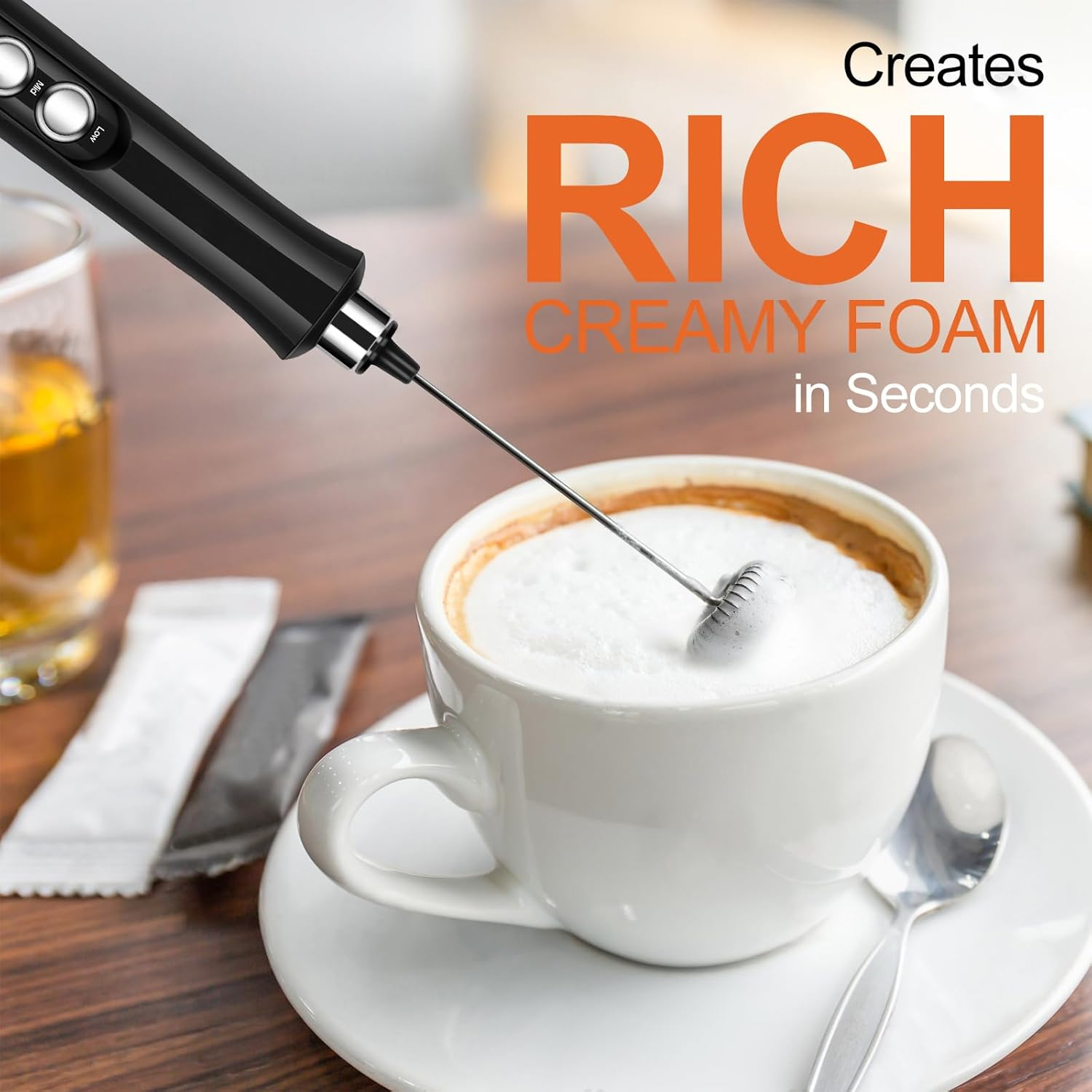 Bournehouse BH03 Rechargeable Milk Frother, 3-Speed, 2 Whisks for Cappuccino, Latte, Bulletproof Coffee, Keto Diet, Protein Powder, Matcha (Dark Black) image number 2