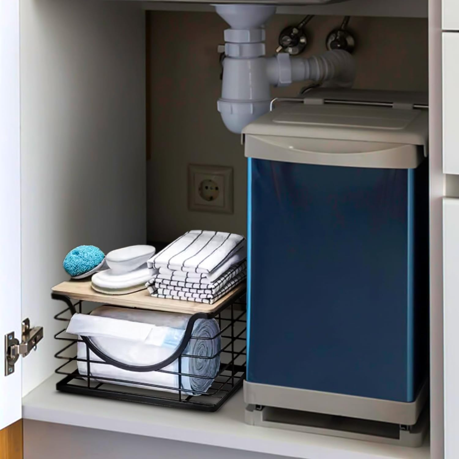 2 Pack Trash Bag Dispenser and Garbage Holder &ndash; Stackable Roll Storage Box with Bamboo Top for Kitchen, Bathroom & under Sink Home Organization image number 6