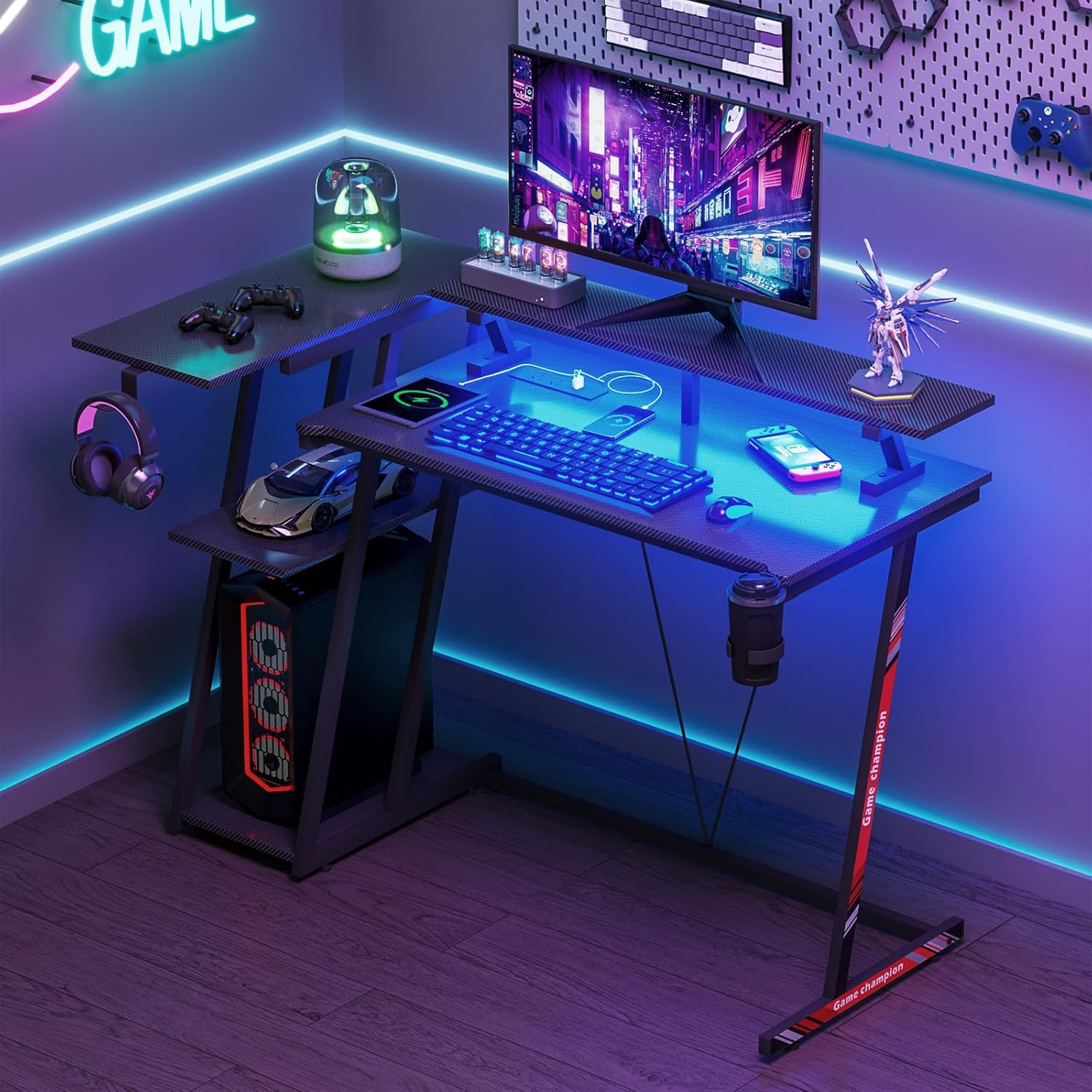 ADVWIN Black Gaming Desk 120Cm LED Gaming Workstation with RGB Light Z Shaped Computer Desk Pc Desk with Carbon Fiber Surface Cup Holder & Headphone Hook