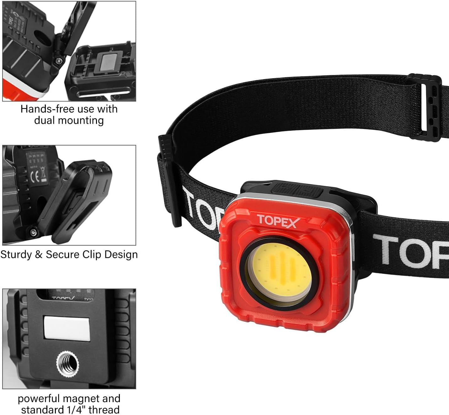 TOPEX 1000 Lumens Magnetic Base Rechargeable Work Light with 7 Light Modes & 10 Hours Runtime, IP64 Waterproof & Headlight, Adjustable & Detachable Headband for Camping, Working, Running, Emergency image number 5