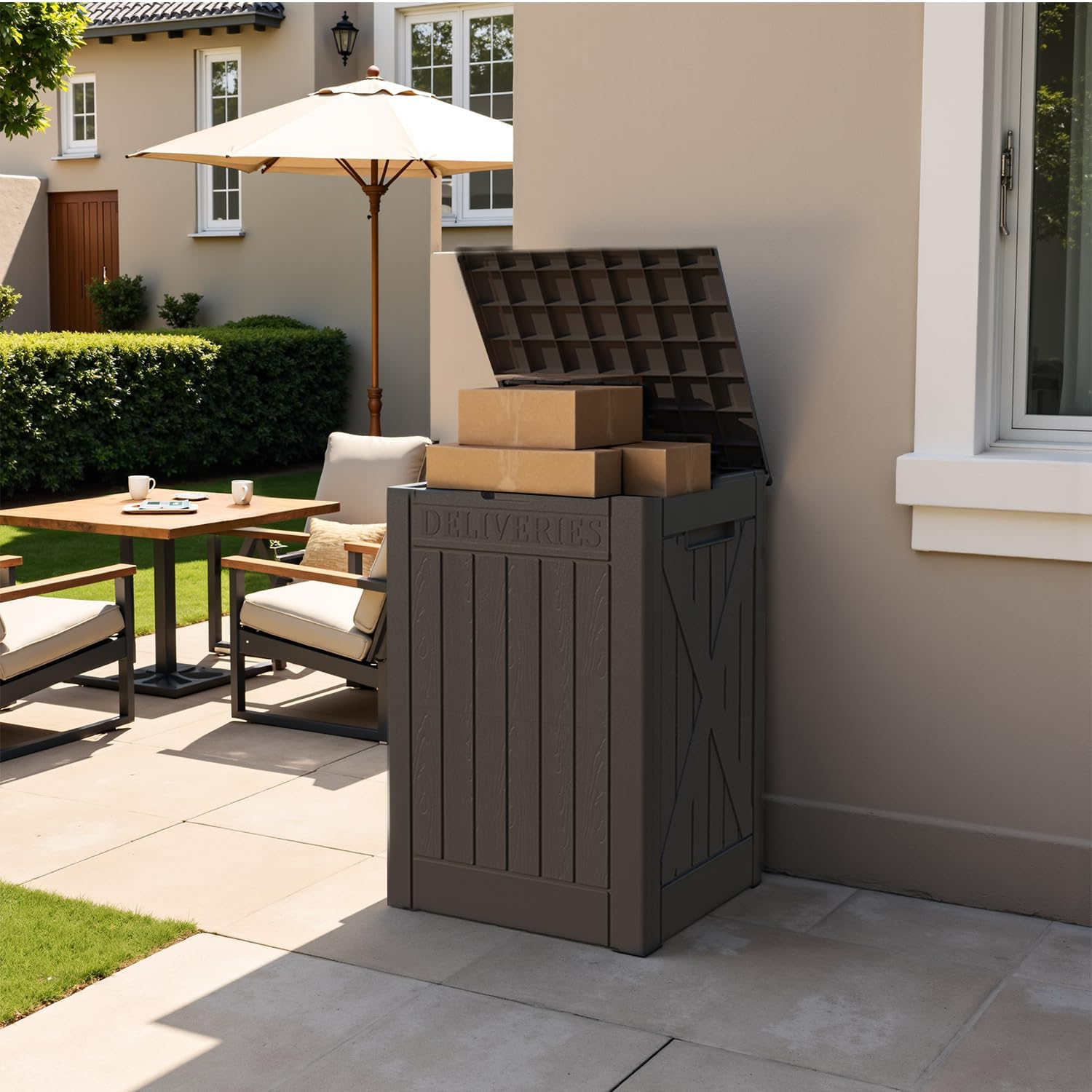 182L Lockable Outdoor Package Delivery Box, Waterproof Deck Storage Box PP Material, for Porch & Backyard (Brown)