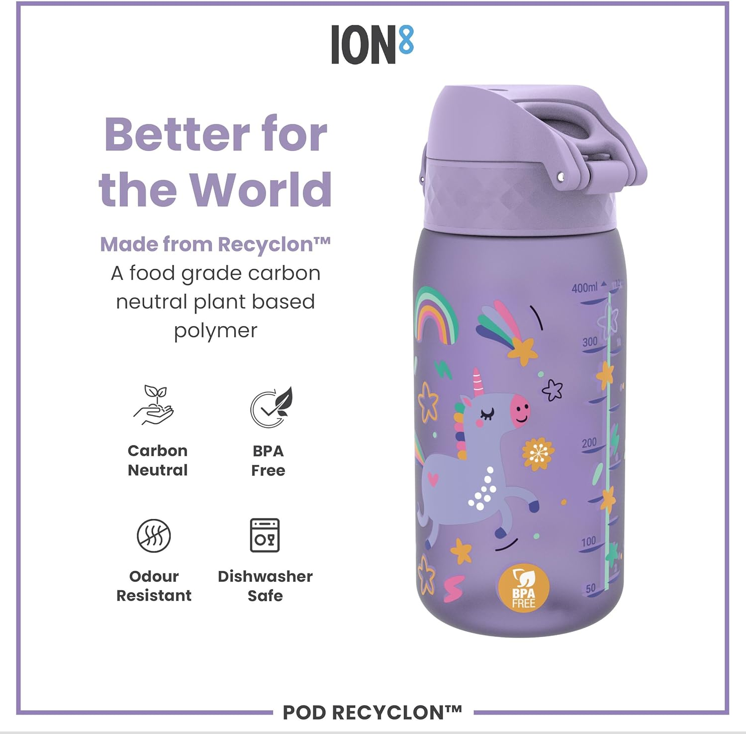 Ion8 Children'S Water Bottle, 350 Ml, Leak-Proof, One-Handed Opening, Secure Locking, Dishwasher Safe, Bpa-Free, Carry Handle, Folding Lid, Easy to Clean, Climate Neutral, Light Purple Unicorns