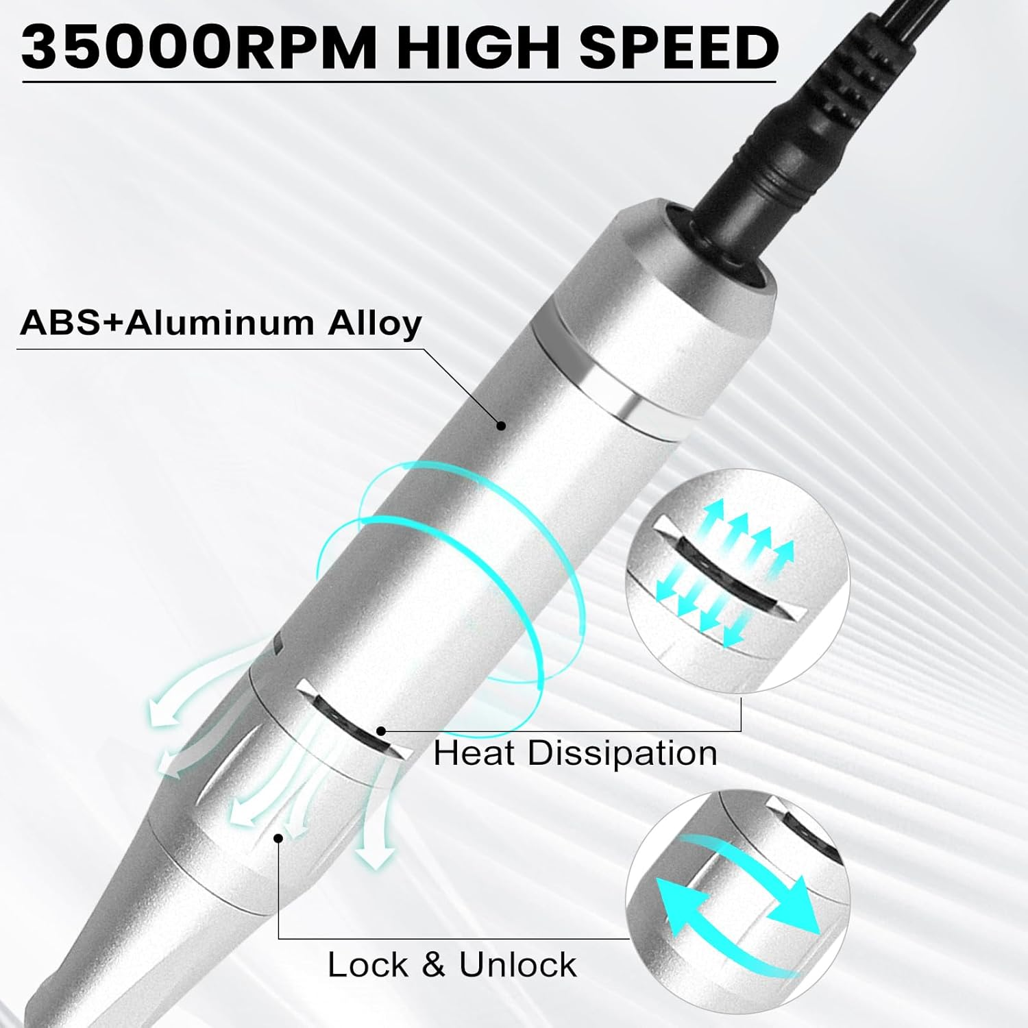 Welan Electric Nail Drill, Cordless Nail Drill Professional Machine, 35000 RPM Electric Nail Efile for Acrylic & Gel Removal, Rechargeable Portable Manicure Pedicure Tool with 12 Bits and Decorations image number 2