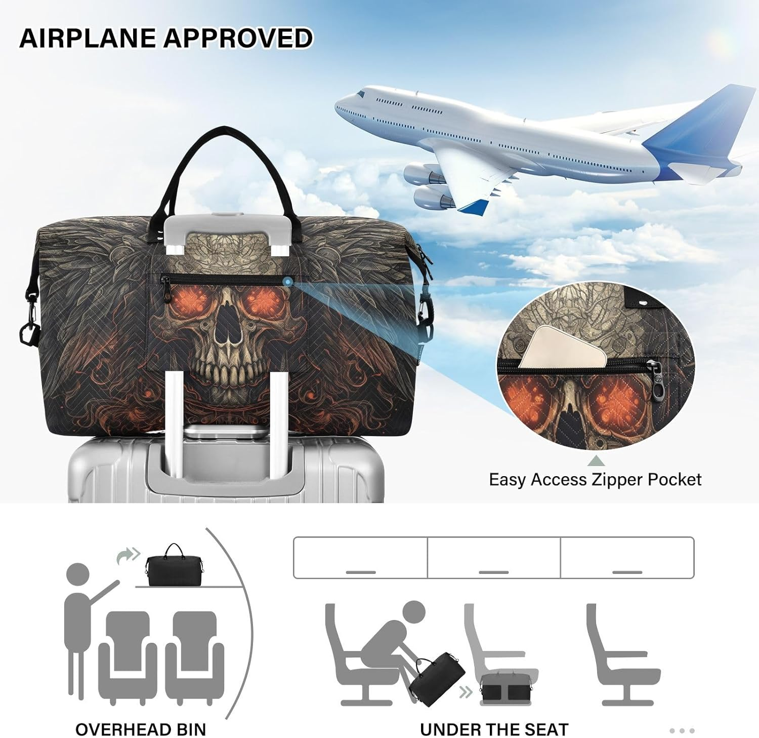 WOIWB Duffel Bag Set with Toiletry Bag for Travel Gym Sport, Luggage Sleeve Weekender Bag Carry on Overnight Bag-Gothic Skull with Wings Print, Multicolor, 20.5 X 7.9 X 13.8 Inches+9.1 X 3.5 X 5.9 image number 4