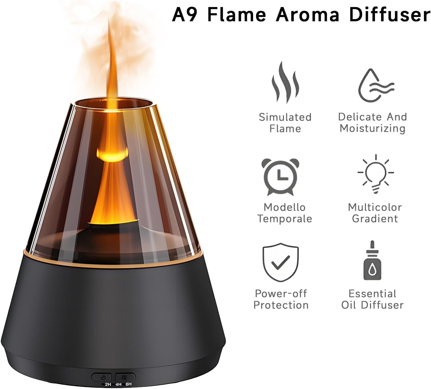 QUMOX A9 Flame Aroma Diffuser 150Ml &ndash; Essential Oil Humidifier with Simulated Flame & Color Changing Ambient Light, 2H/4H/6H Timer, Auto Shut-Off, Ultrasonic Cool Mist for Home, Bedroom, Office image number 3